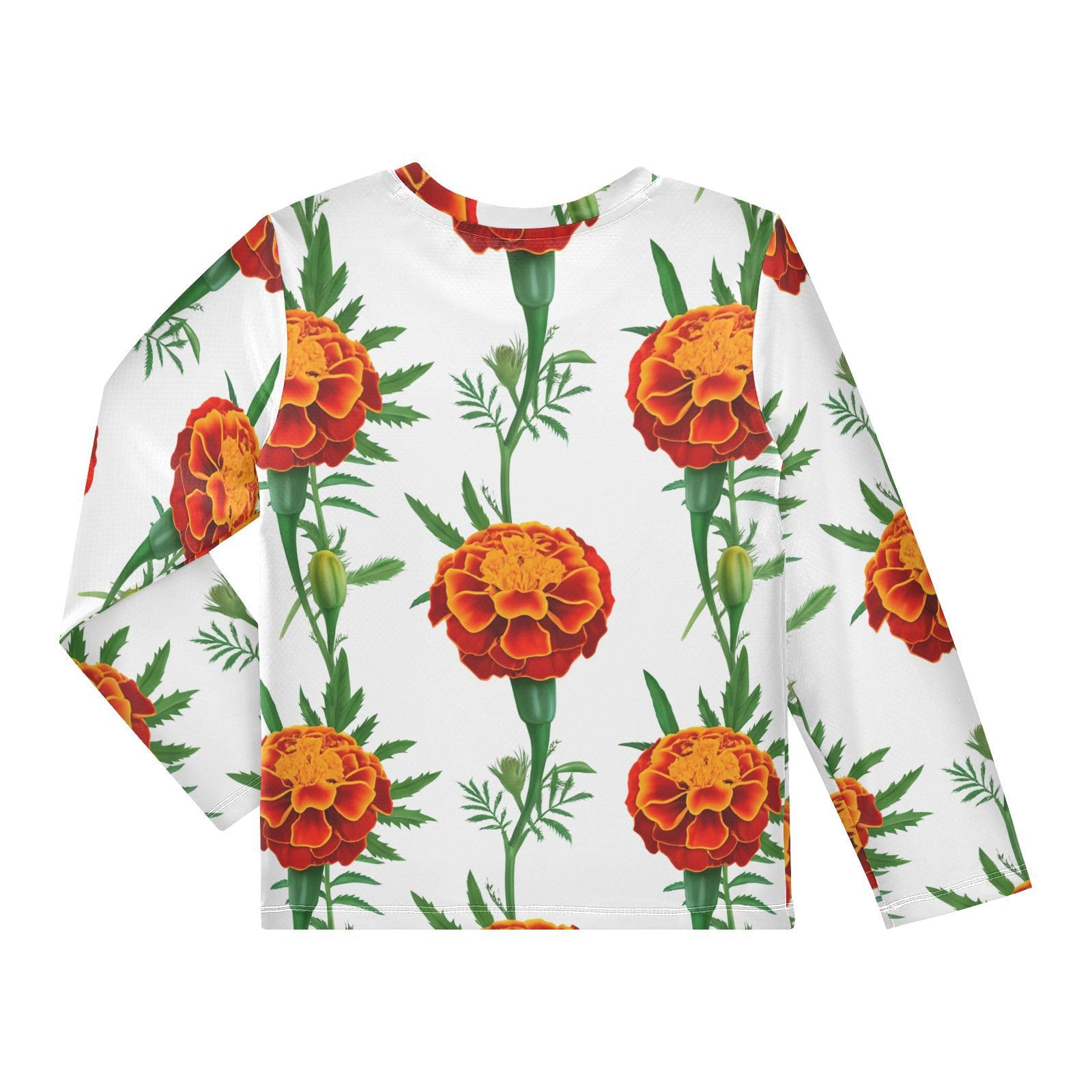 DOMIKING Marigold Flower Leaves White Boys Long Sleeve Rashguard Shirt Kids Quick Dry Swim Shirt for Swimming Pool Beach 11-12T