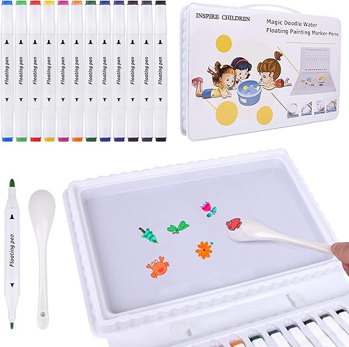 SAYEEC Juego de bolígrafos mágicos de pintura al agua para niños, 12 colores mágicos de tinta flotante con cuchara, marcador de pizarra blanca de