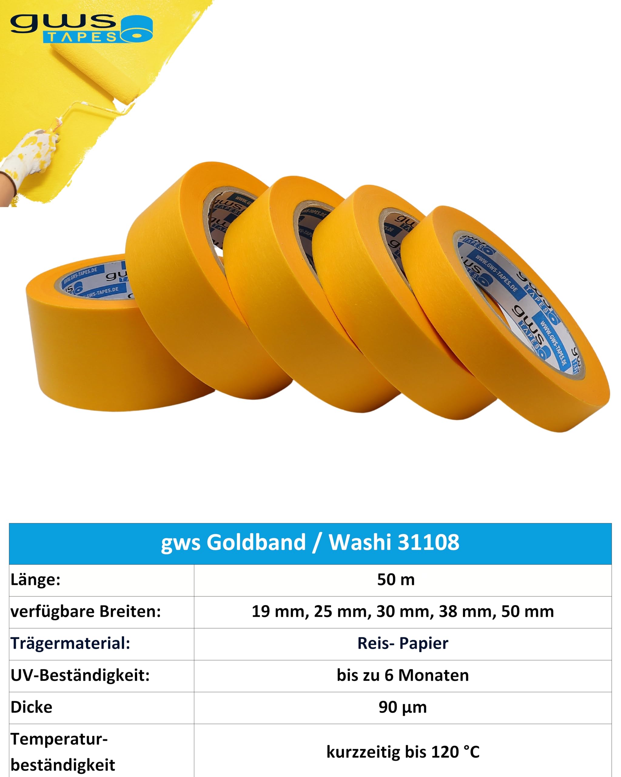gws 24 Rollen (1VE) Goldband, Malerband zum Abkleben zum Streichen, Malen, Lackieren, Basteln und vielem mehr, Maler-Abdeckklebeband, Rückstandsfrei entfernbar, dünn & stabil 50m x 50mm