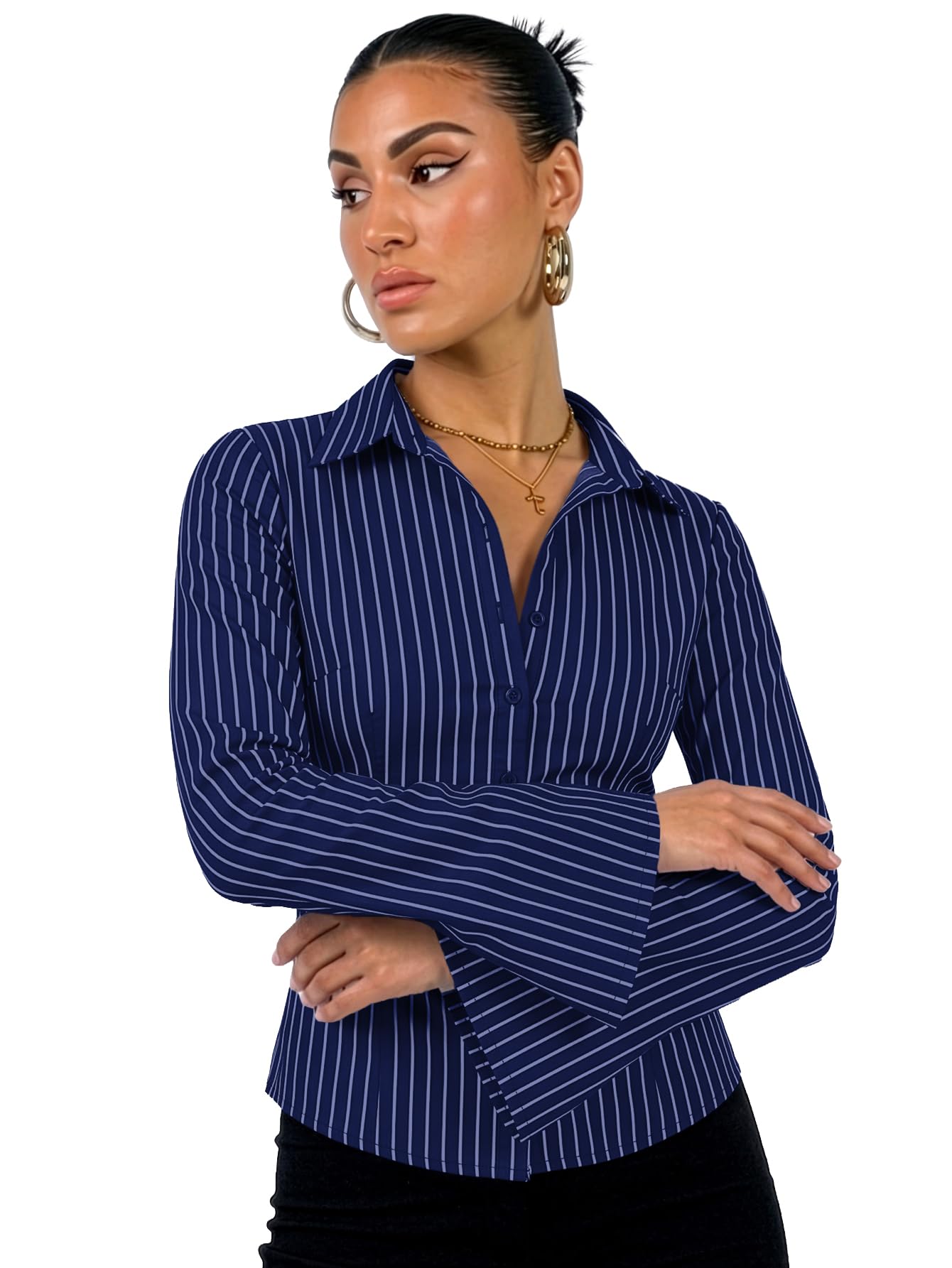 aahwan Striped Button Down Flared Bell Long Sleeve Casual Shirt for Women's & Girl's-picture-47