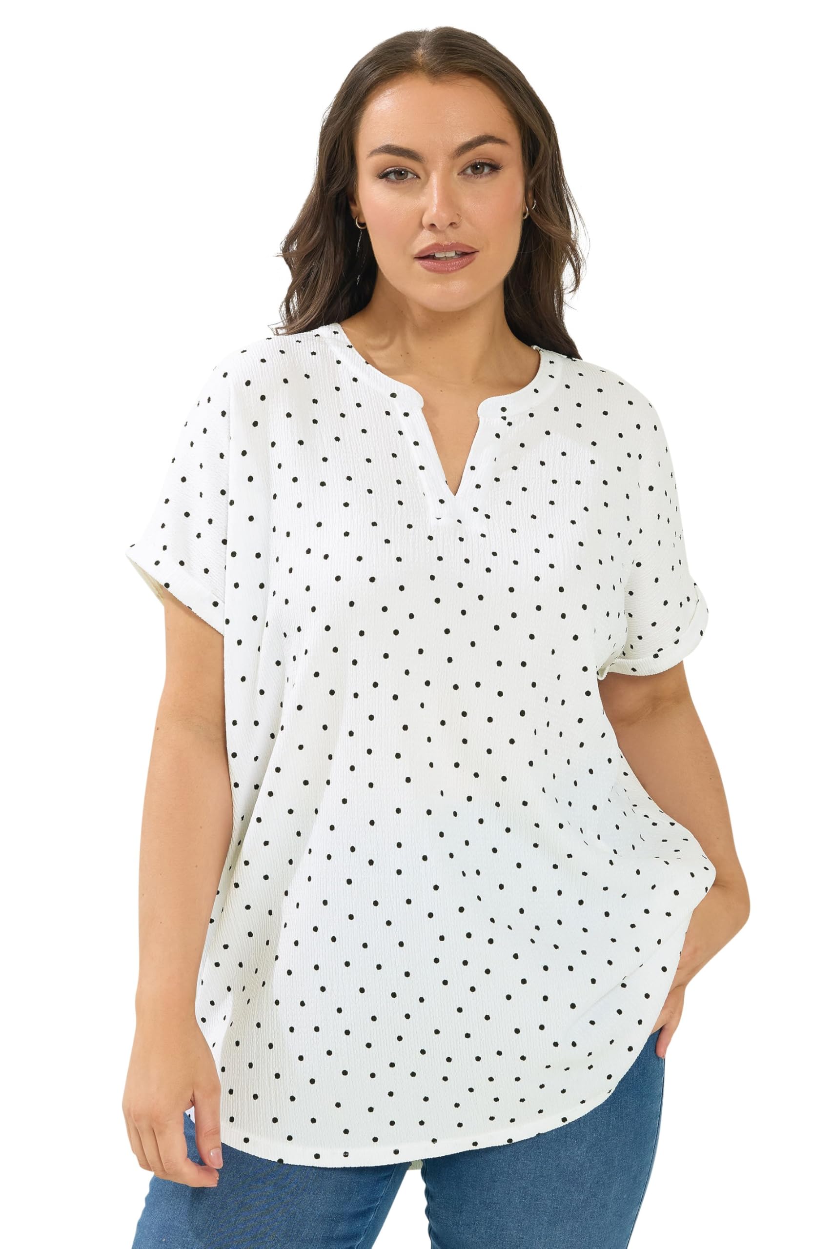 Yours Women's White Curve Textured Polka Dot Notch Neck Top - Plus Size Curve