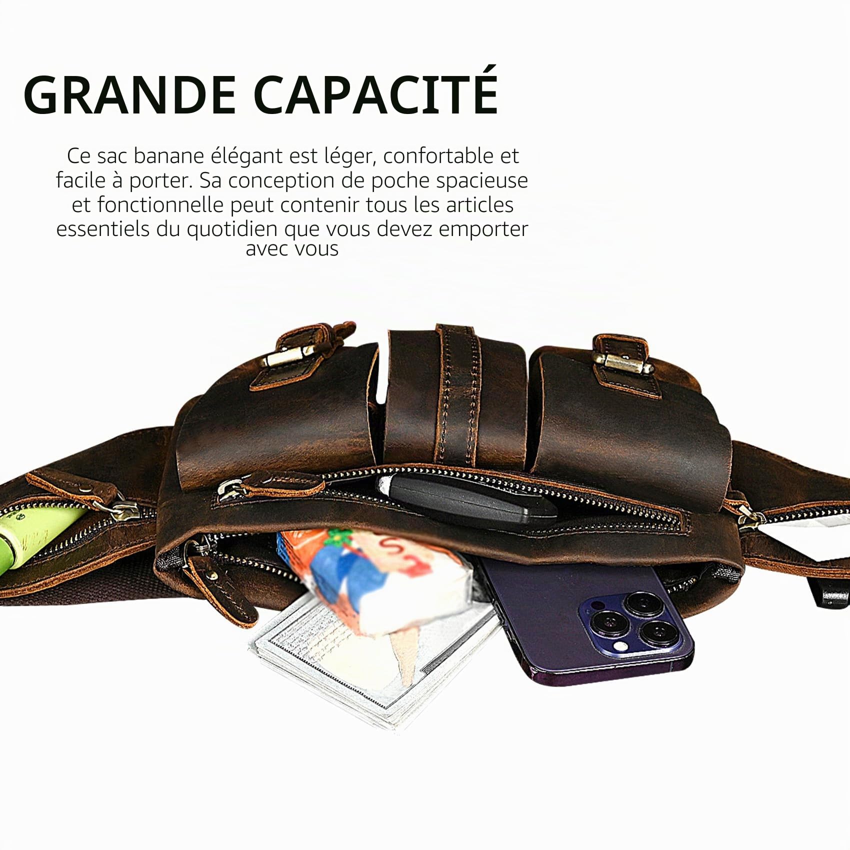 Épais Crazy Horse en Cuir Randonnée Équitation Voyage en Plein Air Ceinture Fanny Taille Pack Petit Téléphone Cigarette Poche pour Hommes Femmes 380 (381 Marron)