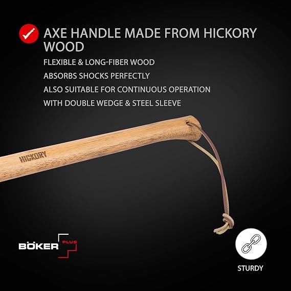 BOKER Plus Appalachian Axe Professional Bushcraft, Outdoor & Survival Axe Large Carbon Steel Blade with Long Hickory Handle Camping Hatchet with 600 g Rhineland-Style 1055 Carbon Steel Head