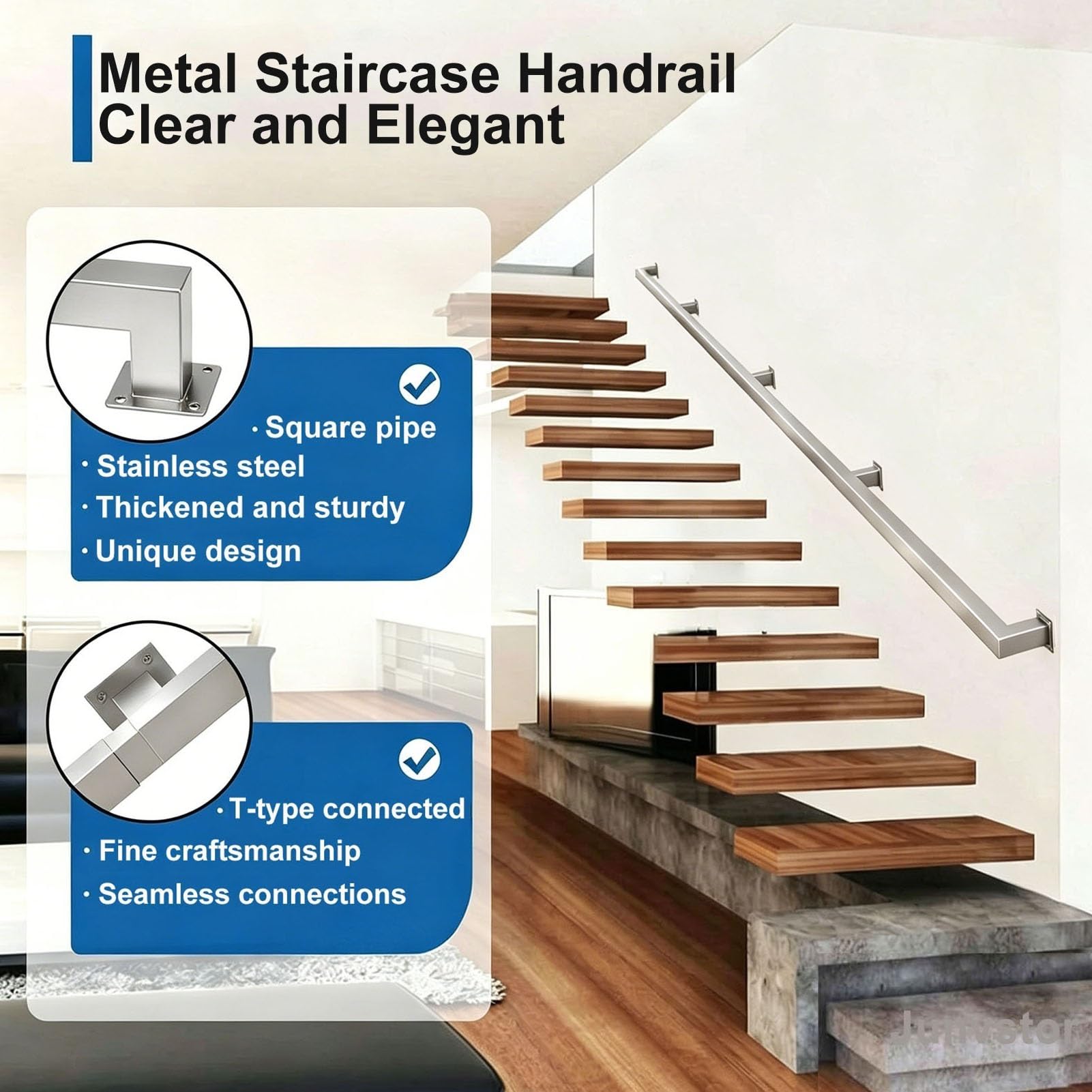 Corrimano in Acciaio Inox per Scale – Ringhiera per Scale a Parete da 1 a 20 Piedi con staffe, corrimano per Scale Interne/Esterne per Loft, Veranda, Garage e terrazza (6,6 Piedi/2