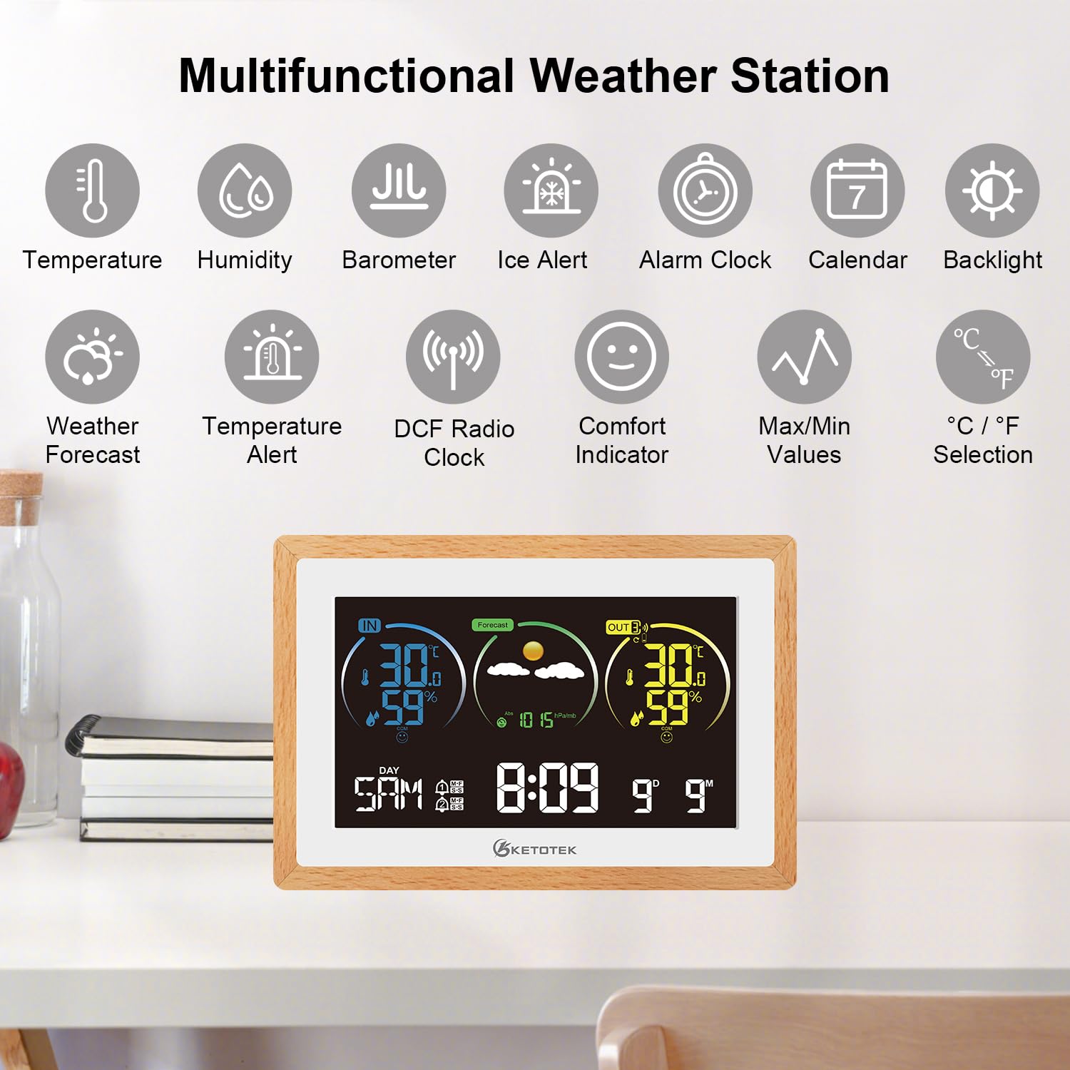 KETOTEK Funk Wetterstation mit Außensensor, Innen Außen Thermometer Hygrometer, Digitaler DCF-Funkuhr Raumthermometer mit Wettervorhersage, Wecker, Einstellbare Dauerhafte Beleuchtung