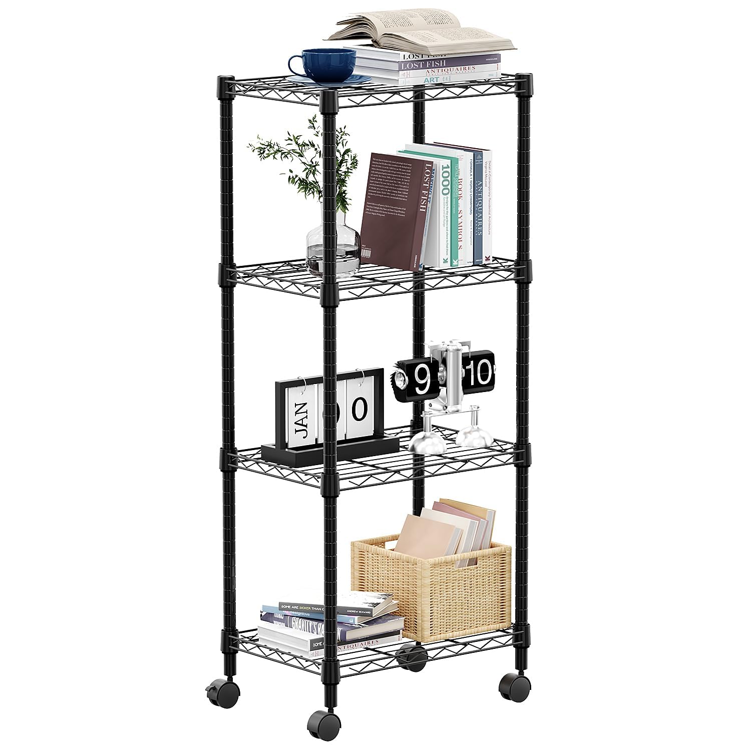 MZG 4-Shelf Adjustable Heavy Duty Steel Wire Rack, Adjustable Storage Shelving Unit with Wheel for Kitchen, Garage, Laundry Black 30x45x103.6cm — image 1