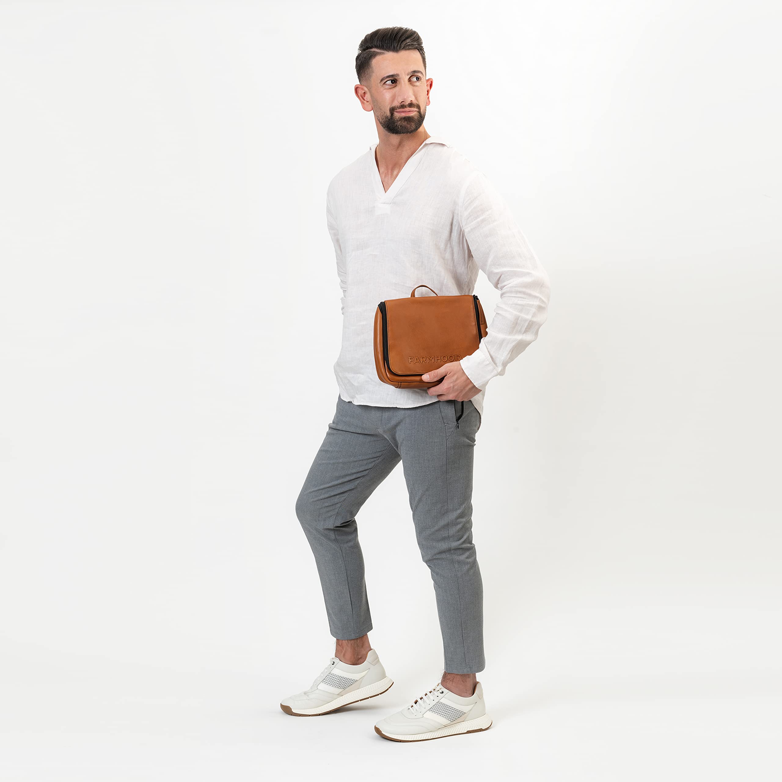 Memphis Damen/Herren Leder Kulturbeutel | große Kosmetiktasche mit Haken zum Aufhängen | viele Fächer mit Reißverschluss | Beauty-Case 27 cm mit Reißverschluss auf der Rückseite