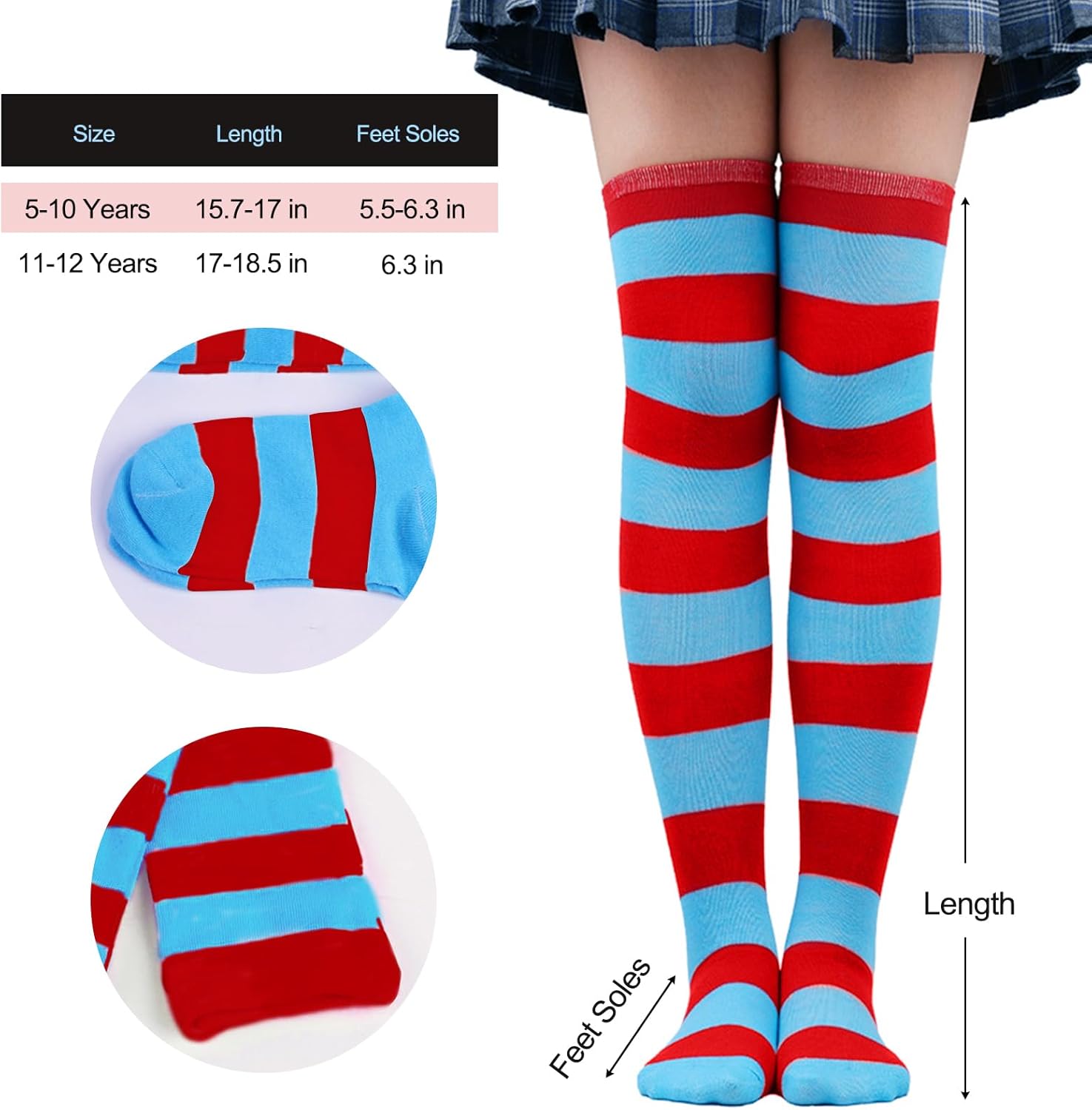 Girl's Tulle Tutu Accessories Set, Kids Red T Shirt Tutu Skirt Striped Thigh High Socks Blue Headband for Age 5-12 - Image 4