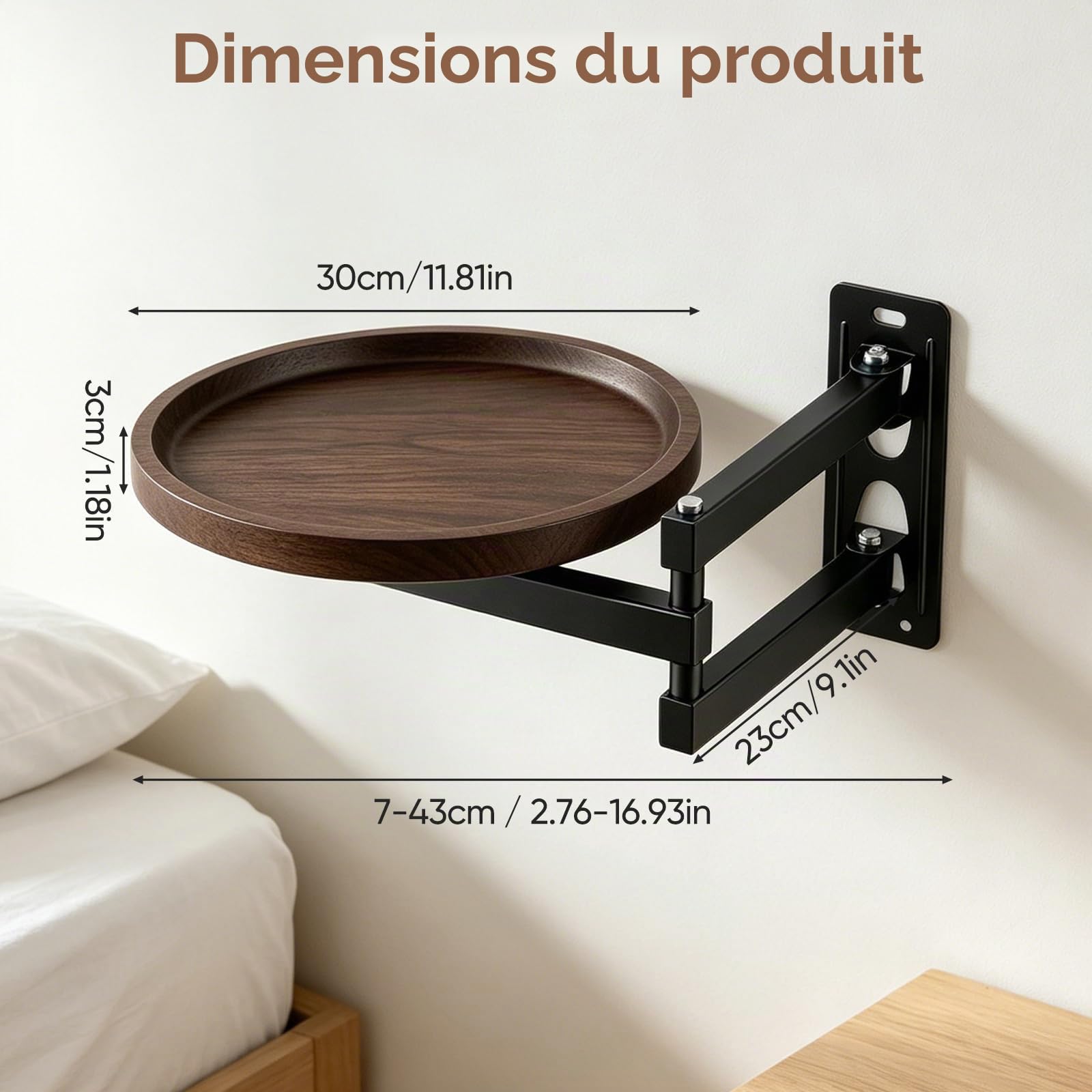Table Murale Pliante, Petite Table Murale Rabattable Bureau Rond De 30 Cm Pivotant à 180 ° De DiamèTre Pliable Extensible De Chevet Suspendue Gain De Place pour Chambre, Salon, Balcon (A)