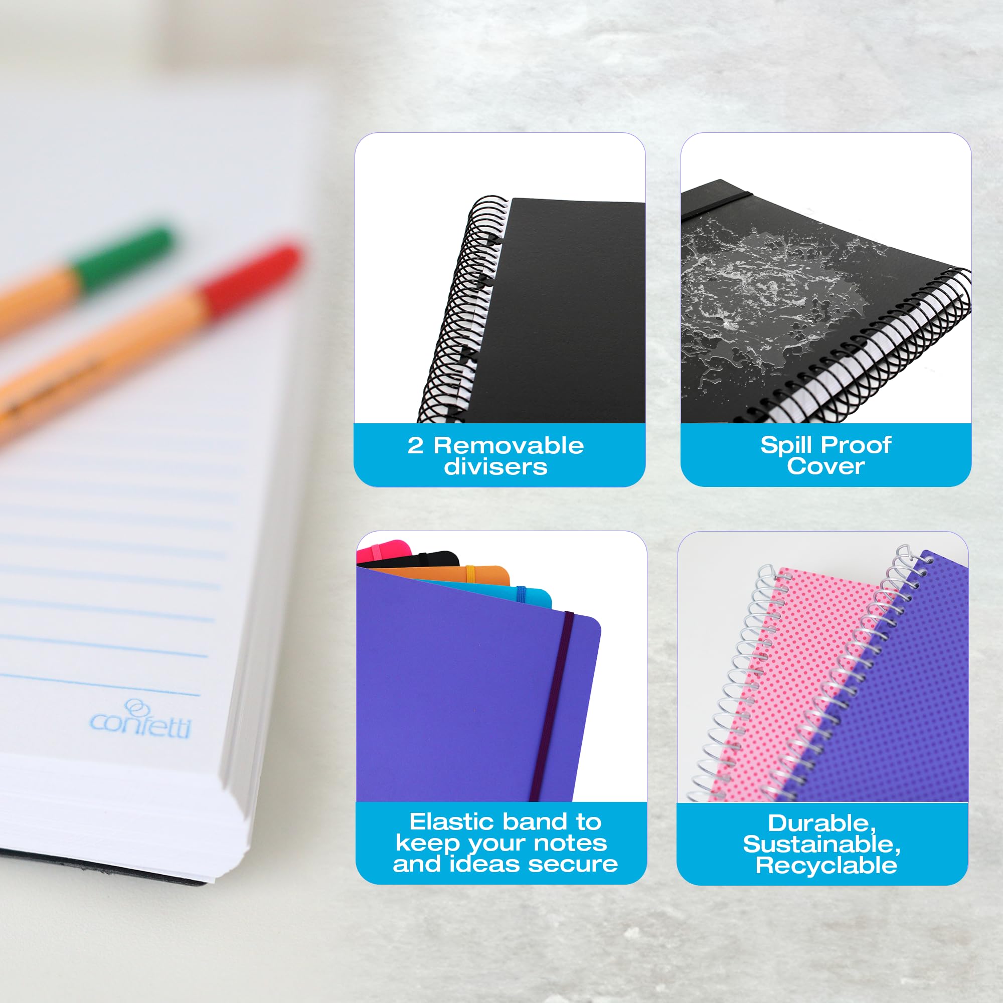 Confetti Cuaderno de espiral perforado, cuaderno escolar y de oficina, encuadernado en espiral resistente con 4 separadores y bolsillo de almacenamiento, 200 hojas, color negro