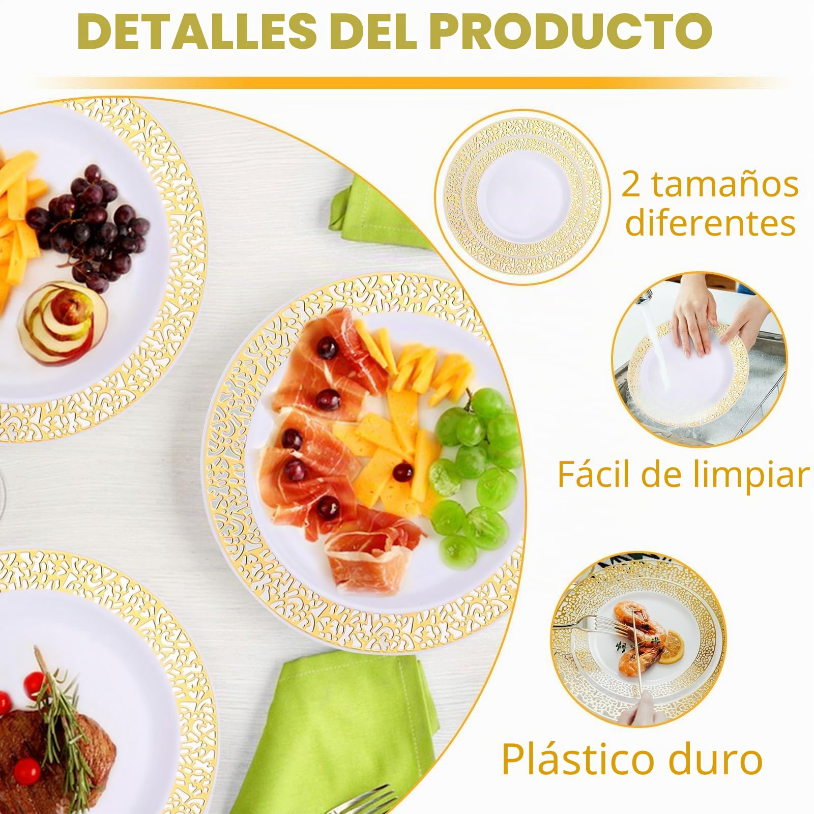 AKOLAFE 50 Piezas Platos Plástico Dorado, Platos Reutilizables con Borde Dorado 19 cm y 26 cm para Bodas Fiestas Cumpleanos Cena Postre Mesa Evento Decoración