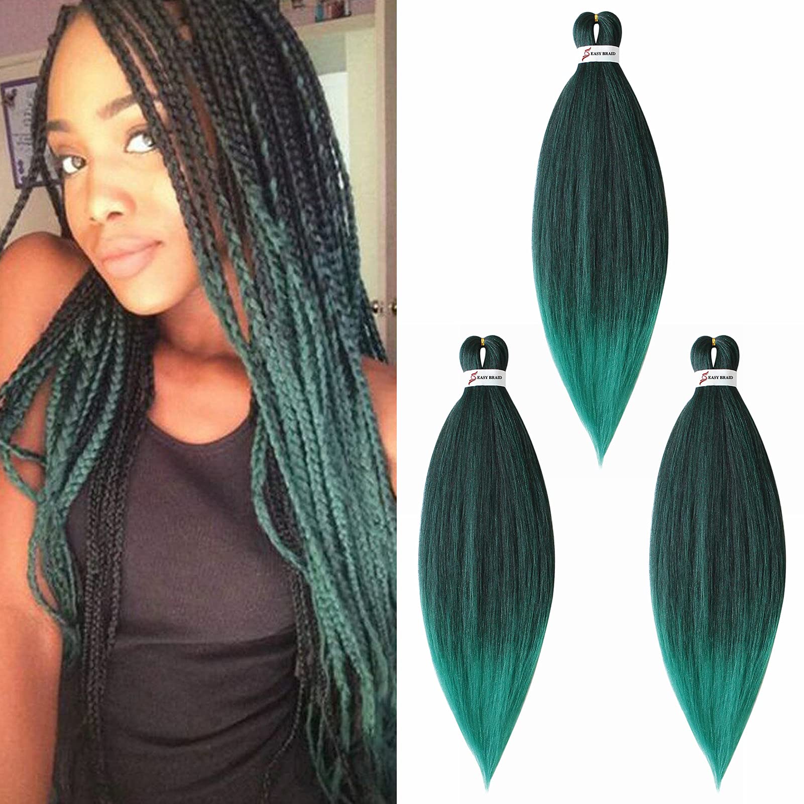 65cm Extensiones de Pelo Sintético para Trenzas Africanas Braiding Twist Crochet Hair EZ Trenzado Yaki Profesional Cabello Pre Stretched Braiding Hair Postizo 3 Piezas, Negro&Verde