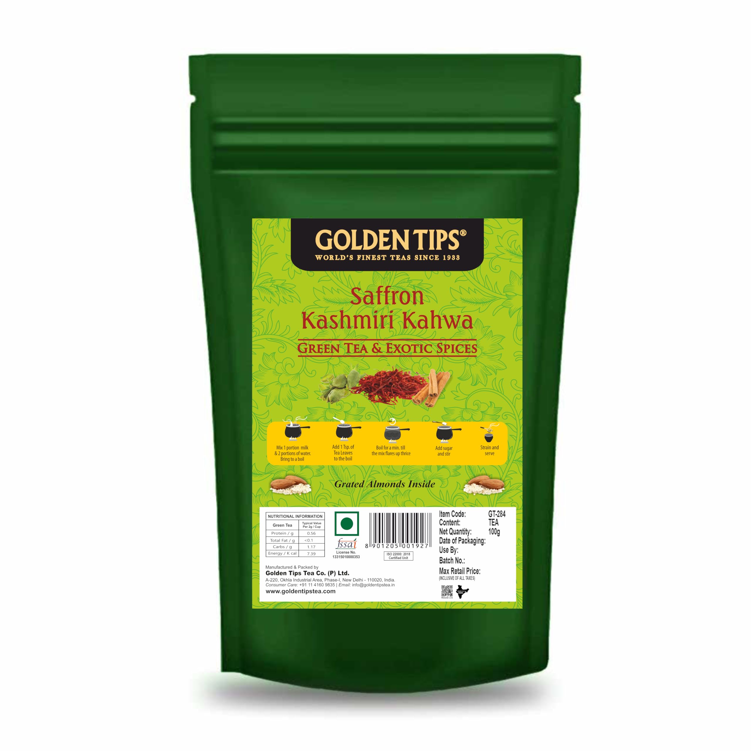 Golden Tips Loose Leaf Green Tea Blended with Cinnamon Sticks Cardamom and Saffron Kashmiri Kahwa (100 Gram, 50 cups)