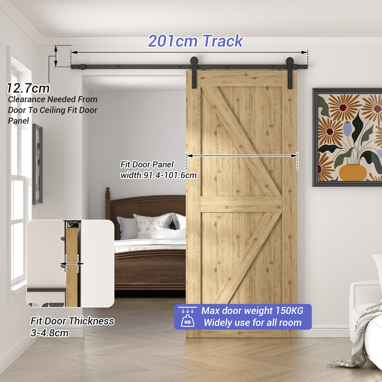 TSMST 6.7FT/202cm Schiebetürsystem Komplett-Set für Schiebetüren,Schwarz Schienen-Kit Passend für eine einzelne Holztür, J-Form