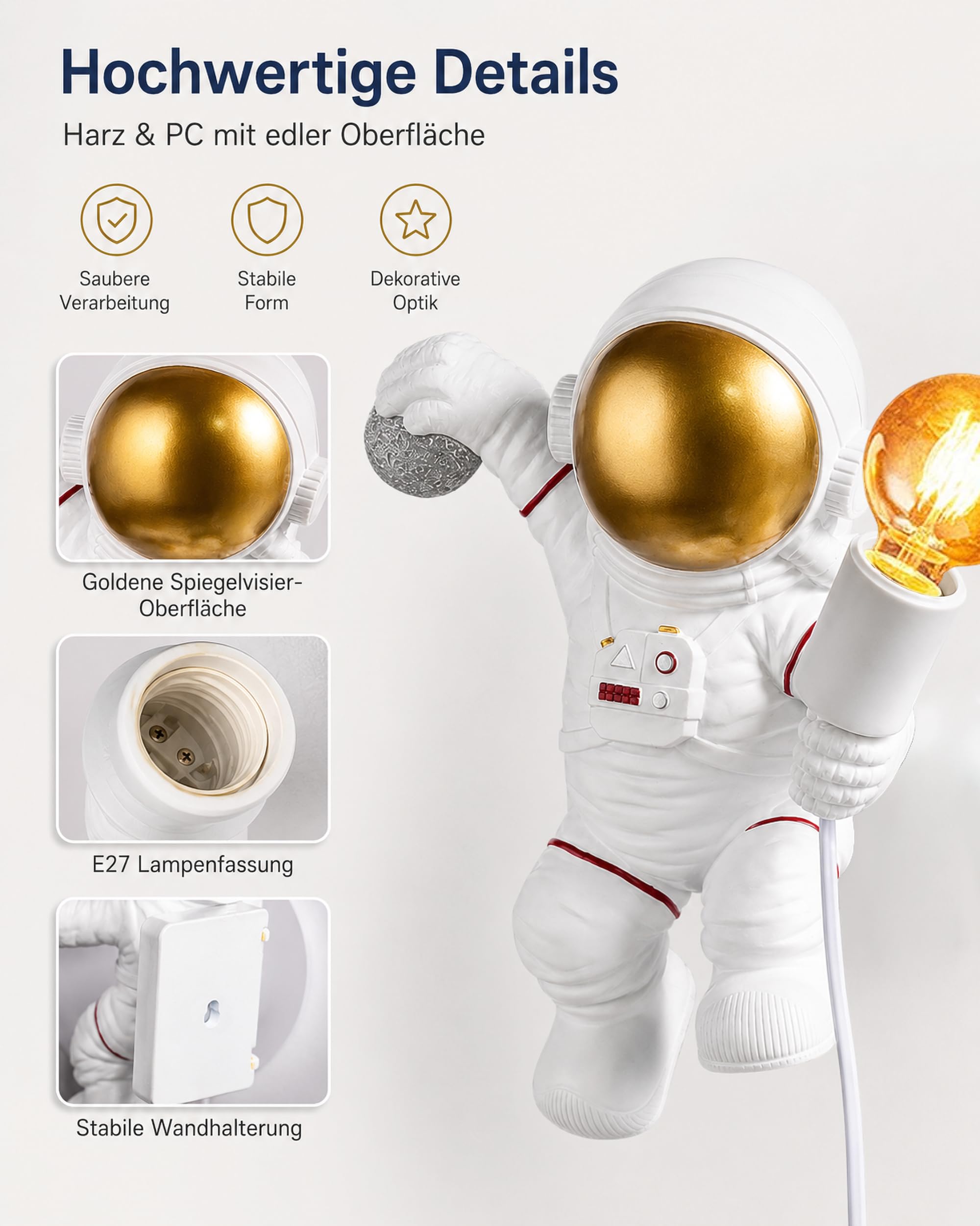 ACMHNC Lámpara de Pared Infantil Con Enchufe y interruptor, Decorativa Astronauta Aplique de Pared Para Habitación de Niños Con Cable 1,5 M, E27 Iluminación Pared Interior Para Niños y Niñas, Blanco