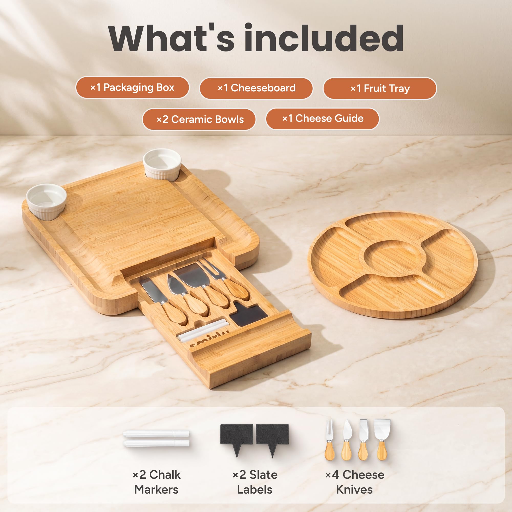 SMIRLY Tabla De Quesos Y Juego De Cuchillos: Fuente De Madera Para Charcutería De 13 X 13 X 2 Pulgadas Para Vino, Queso, Carne