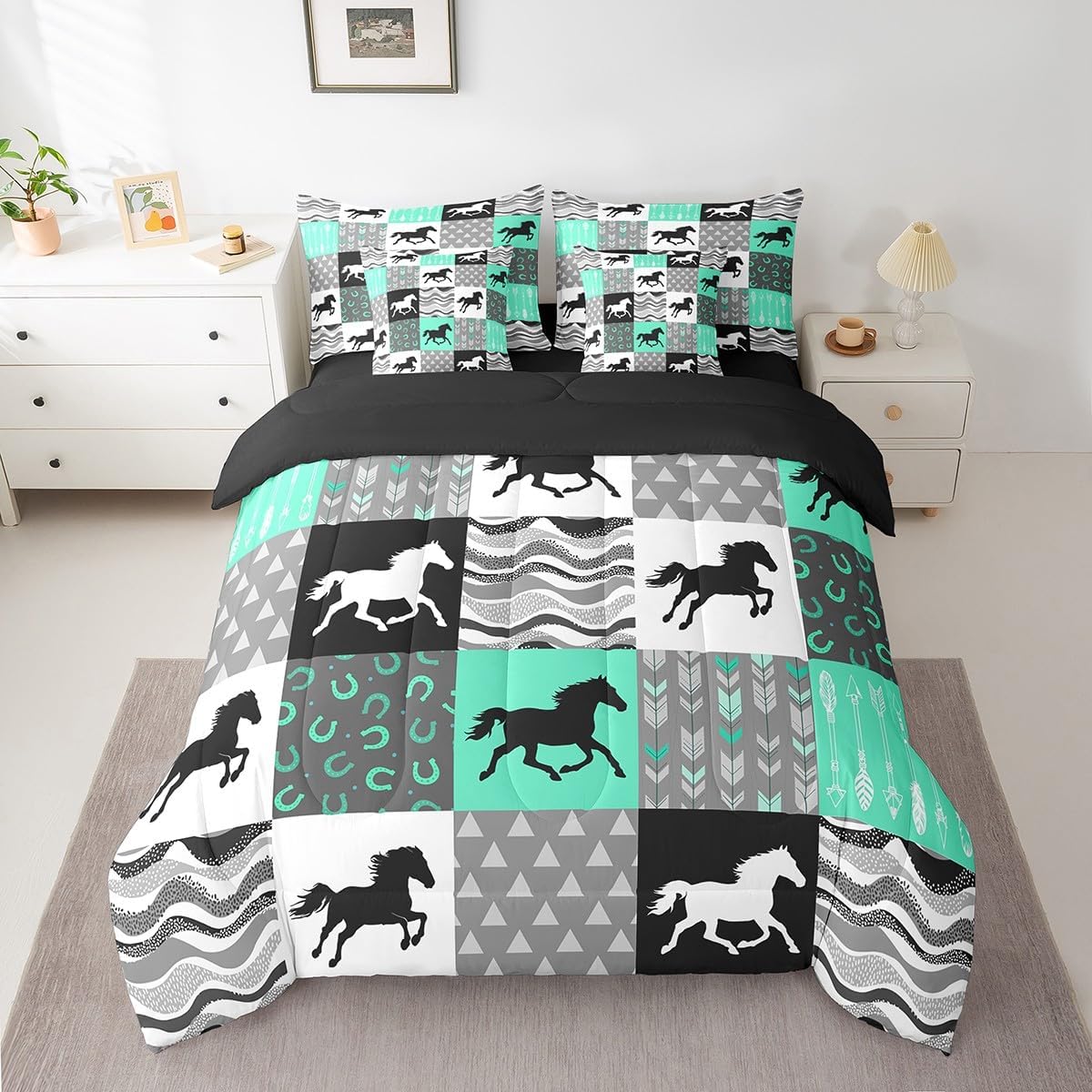Feelyou Horse Comforter Set with Sheets 7 Piece Queen Size Rustic Strip Lines Bed in a Bag Bohemian Arrow Bedding Set Geometric Plaids Patchwork Teal Green Bed Set with Comforter,Sheets,Pillowcases