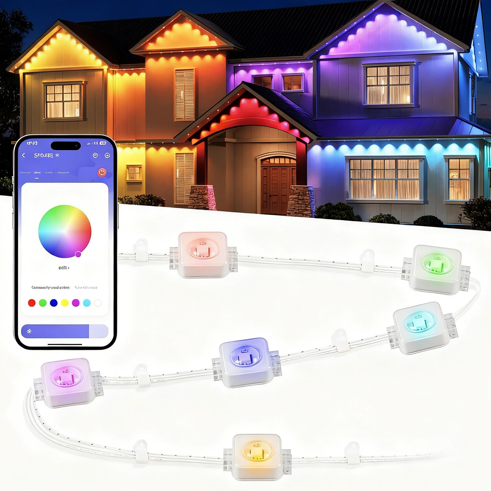 Luces RGB para aleros exteriores, luces de cuerda LED neón inteligentes | Luz de cuerda LED RGB controlada por aplicación con cambio de color y sincronización con música(30m)