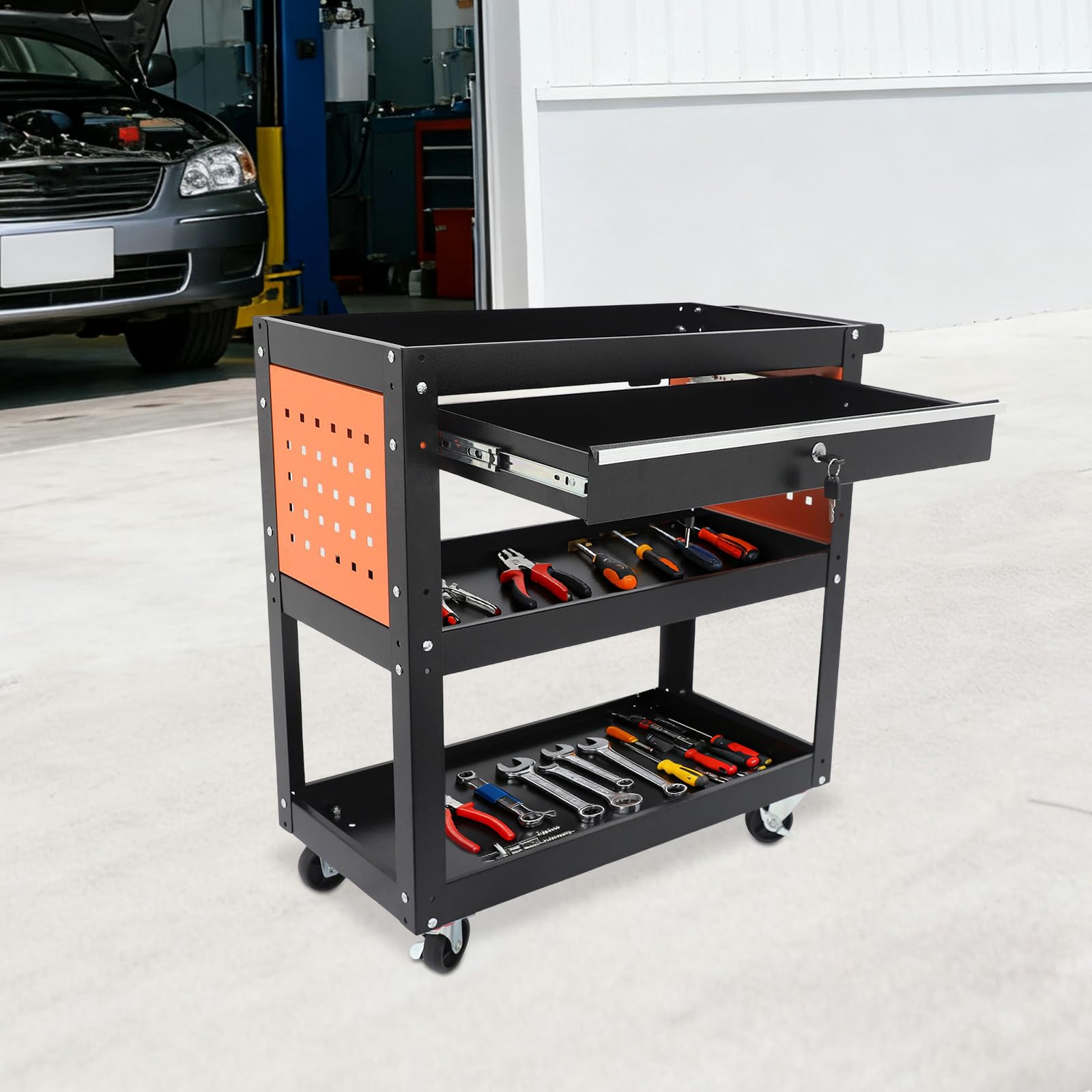 Carro de taller con 3 niveles, carro de taller con cajón y pared perforada, carro de herramientas con cerradura para taller, garaje y almacén, carro de servicio resistente