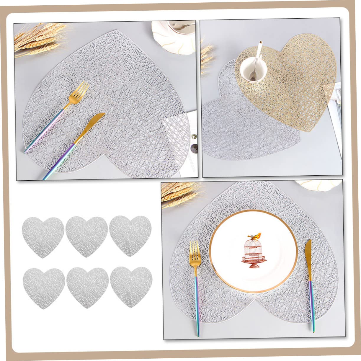 Tovaglietta a Cuore in Pvc Argento 6 Pezzi per Tavolo