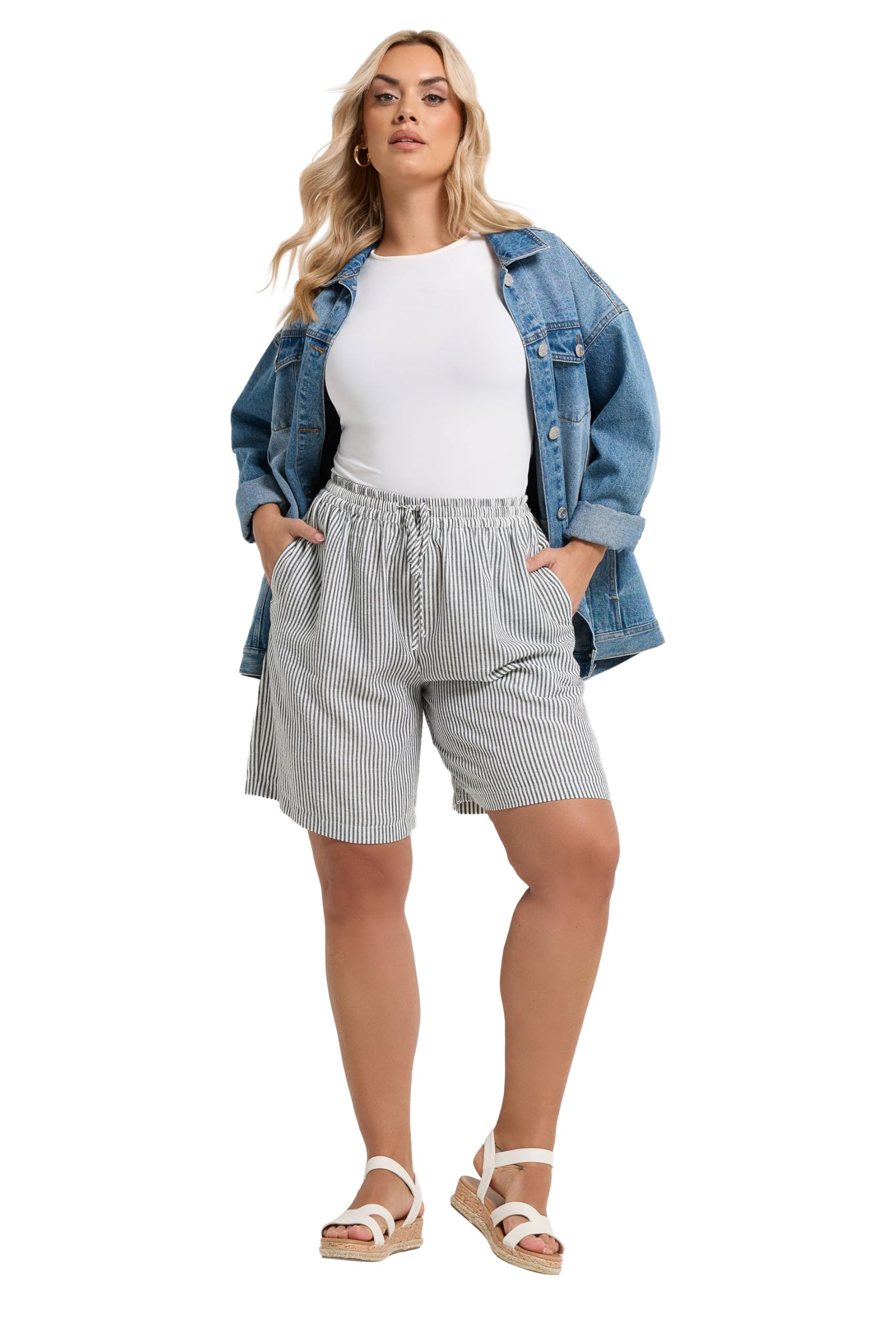 Yours Curve Stripe Linen Look Shorts - Women's - Plus Size Curve Blue