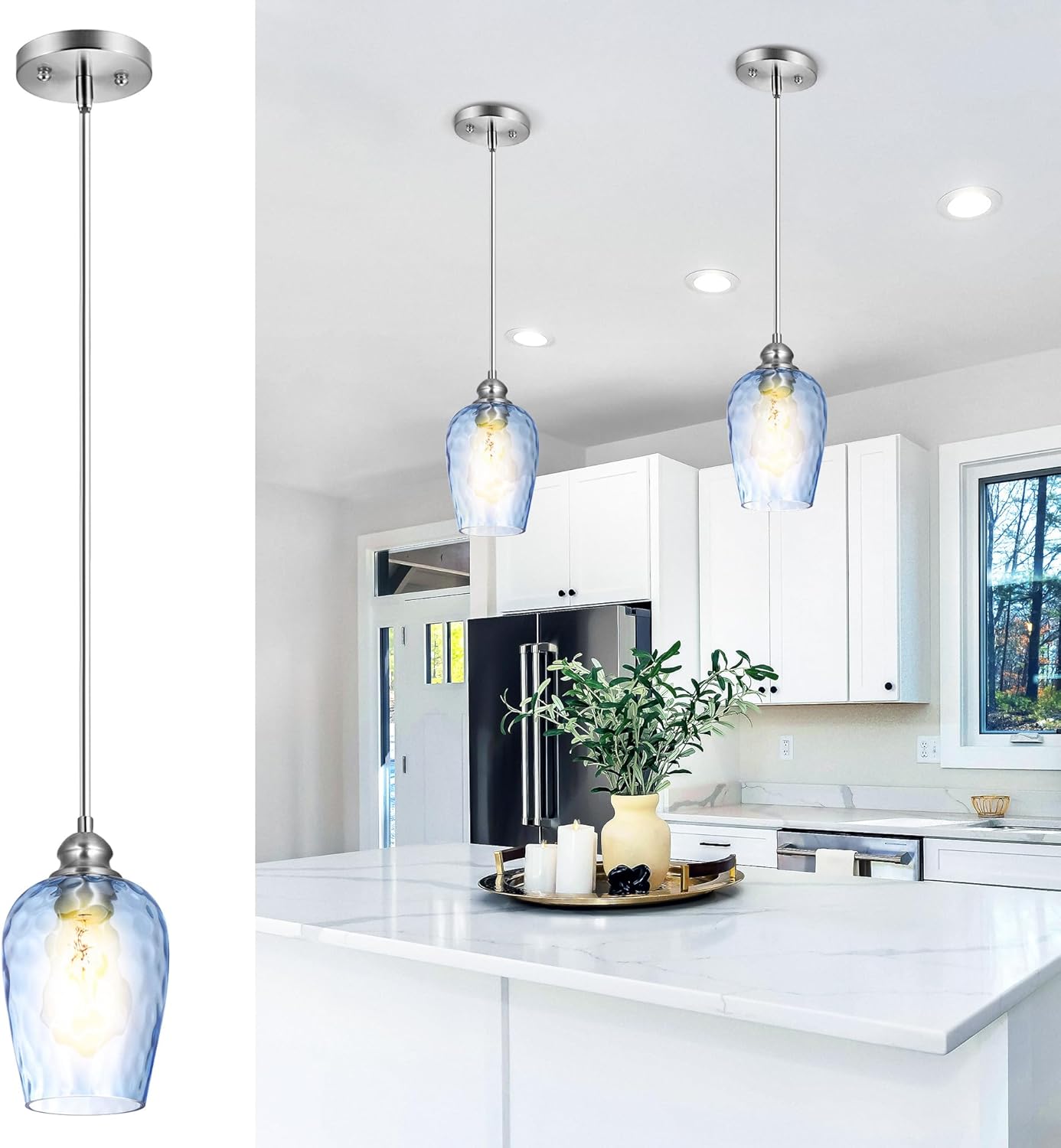 Glass Pendant Lights Kitchen Island, Blue Pendant Light Fixtures with Hand-Blown Clear Glass, Modern Hanging Light for Kitchen Sink Dining Room Bedroom, E26 (Blue, 2pack)