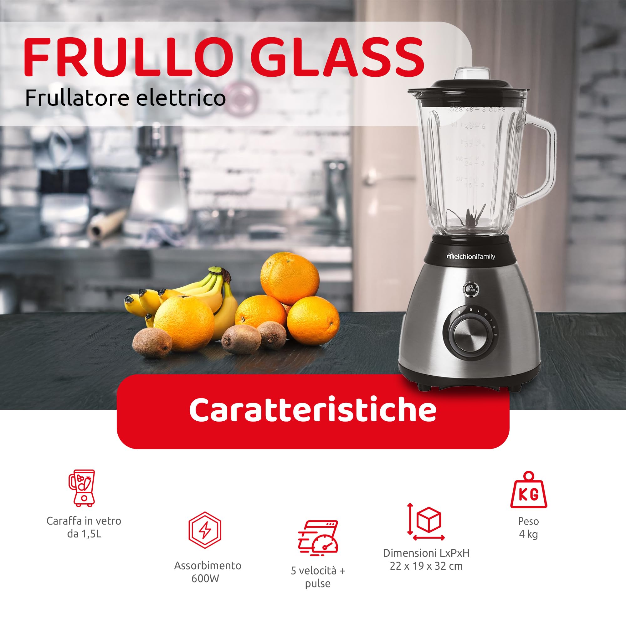Melchioni Family | Frullatore Elettrico 600W con Caraffa in Vetro da 1,5L e 6 Lame in Acciaio Inossidabile - Versatile, Potente e Facile da Usare