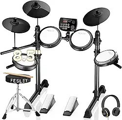 Fesley FED150W Conjunto de Bateria Elétrica: Conjunto de Bateria Eletrônica com 4 Almofadas Bateria Silenciosas para Iniciantes, Caixa Zona Dupla, Conjunto de Bateria com Função Bluetooth e Midi