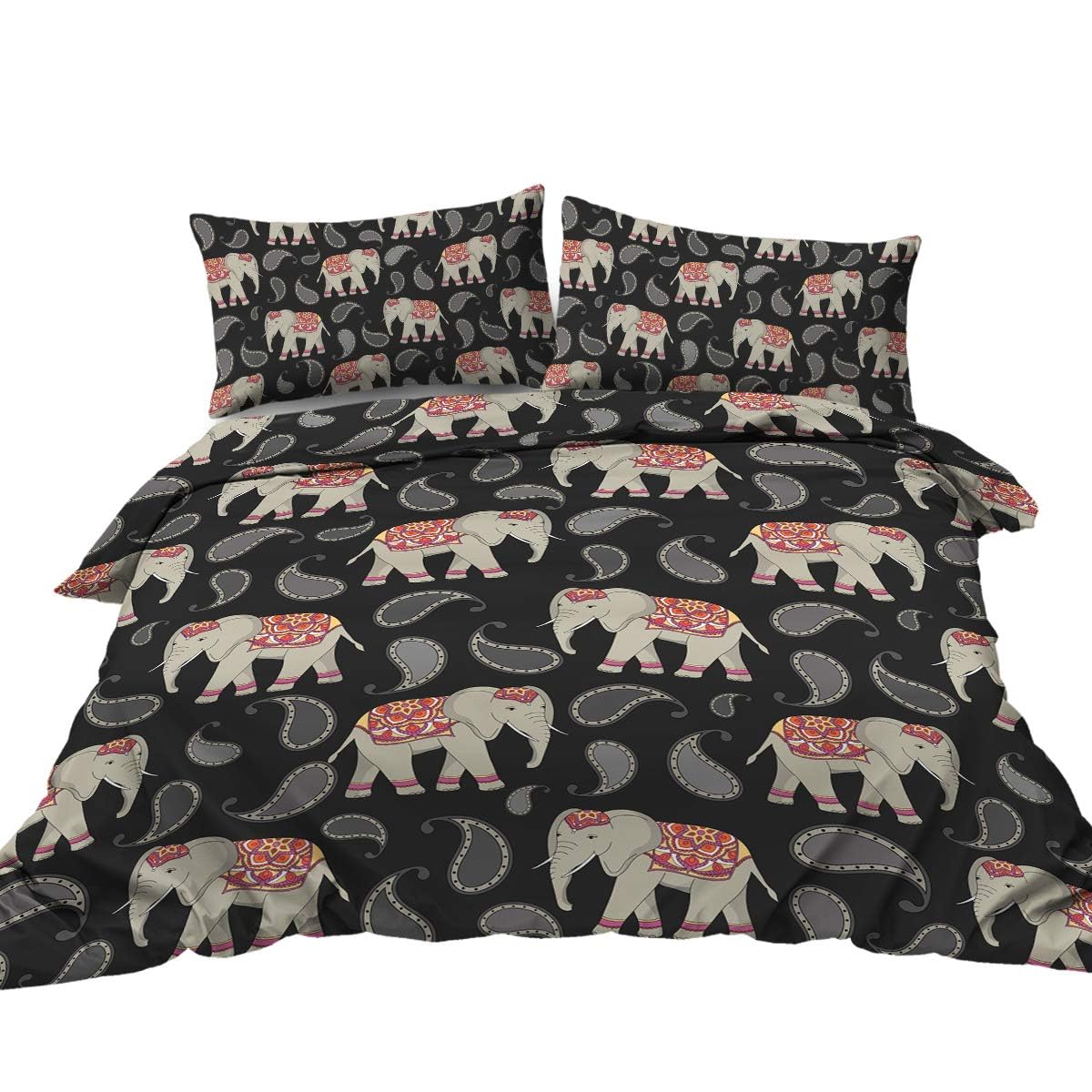 BlessLiving Boho Elephant Bedding Grey Cute Paisley on Black Duvet Cover Double Indian Elephant Mandala Bedspreads 3 pcs (1 Duvet Cover + 2 Pillow Shams)