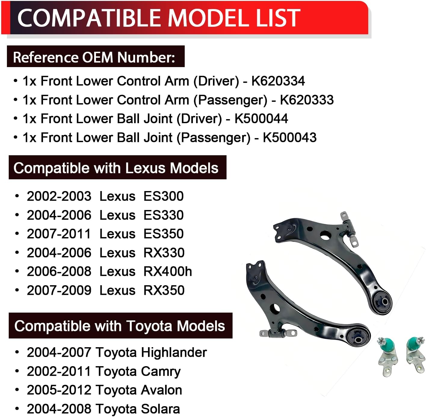 2PCS Front Lower Control Arm w/Ball Joint Compatible with Toyota Avalon Camry Solara Highlander, Lexus ES300 ES330 ES350 RX330 RX350 RX400h, Replaces K620333 K620334 K500044 K500043