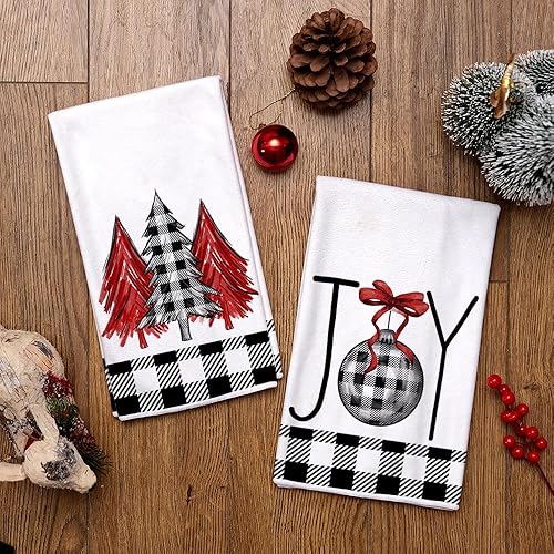 Miniatura 3 de ARKENY Juego de 2 paños de cocina de Navidad para decoración de Navidad, diseño de búfalo negro, 18 x 26 pulgadas, color rojo Joy Noel, árbol de