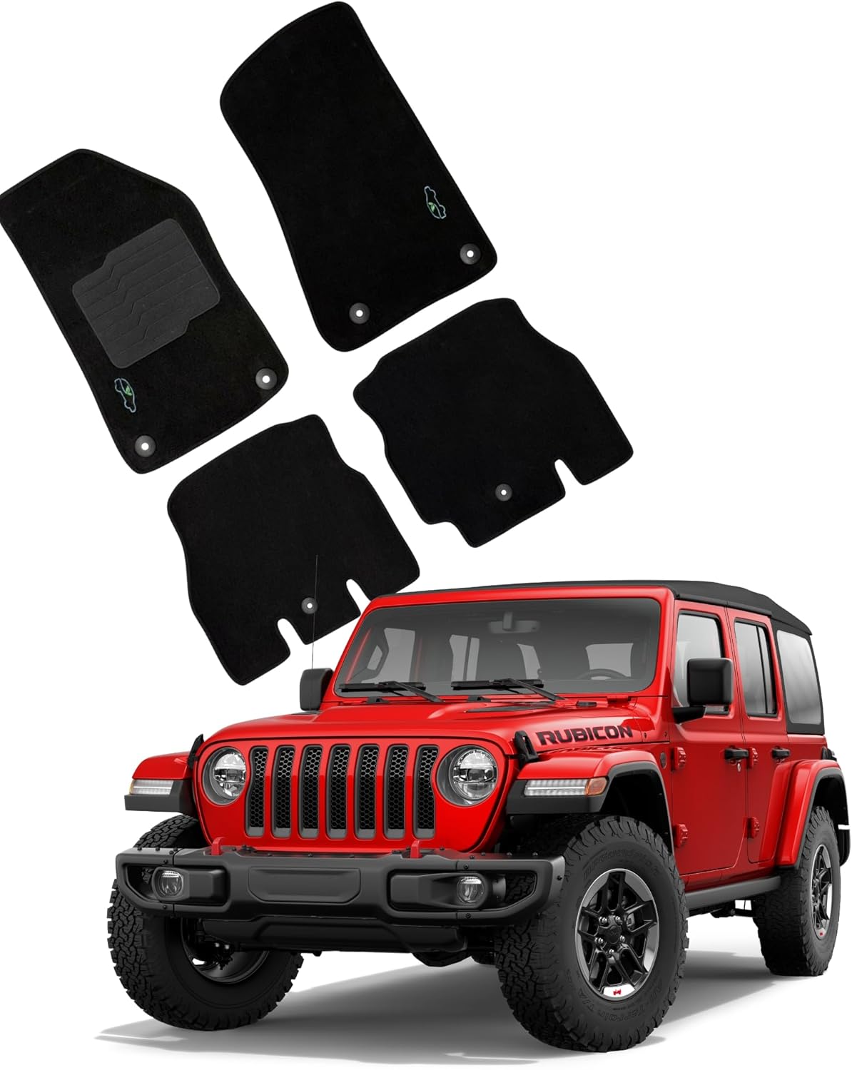 ecoMats Carpet Floor Mats for 2018 to 2026 Jeep Wrangler JL 4-Door Models with Driver Anti-Slip Heel Pad and Safety Locks, Front and Rear, Black (Not for JK/Not PHEV/Not 2-Door)