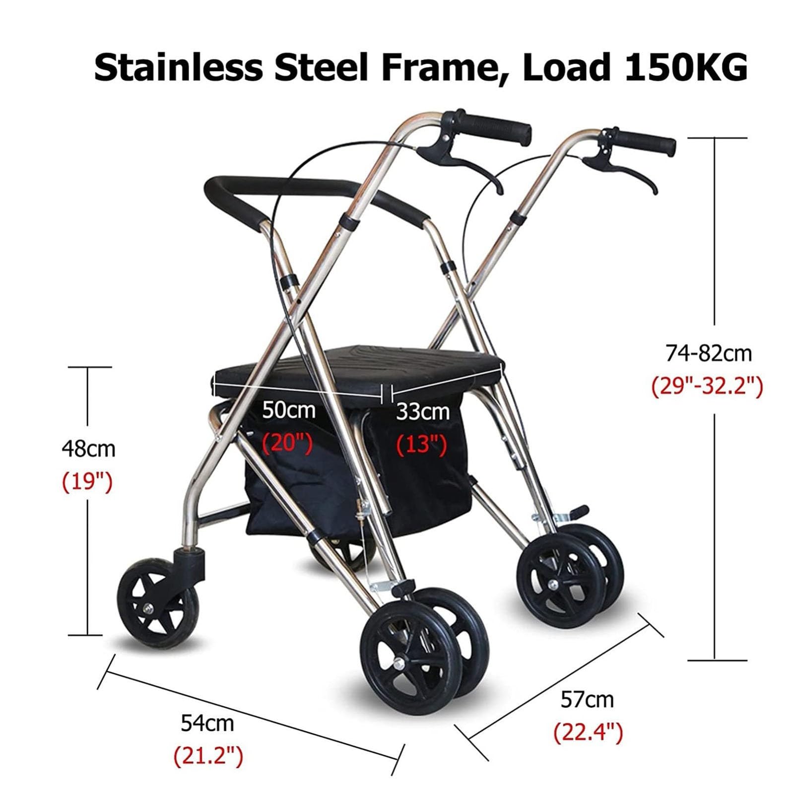 Rollator De 4 Ruedas, Andador para Ancianos con Asiento, Andador para Minusválidos, Andador con Frenos por Presión, Lige Altura Ajustable B