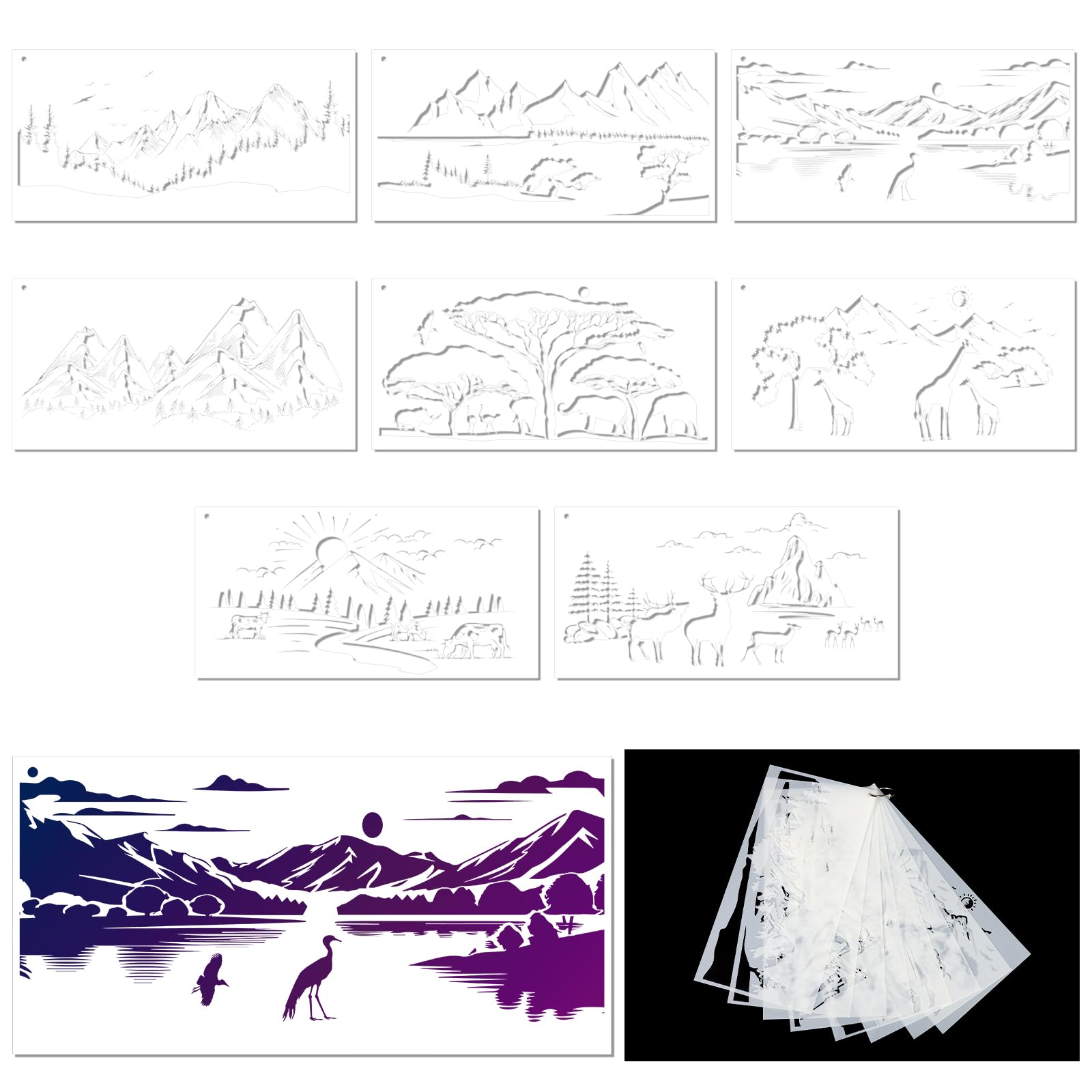 8 Szablonów Malowania, 24x12cm Mieszane Wielokrotnego Uzytku Szablony Rekodziela Elastyczne Zmywalne Szablony Malowania na Drewniane Meble Rzemieslnicze Papier z Drzewa Zwierzeta (Styl2)