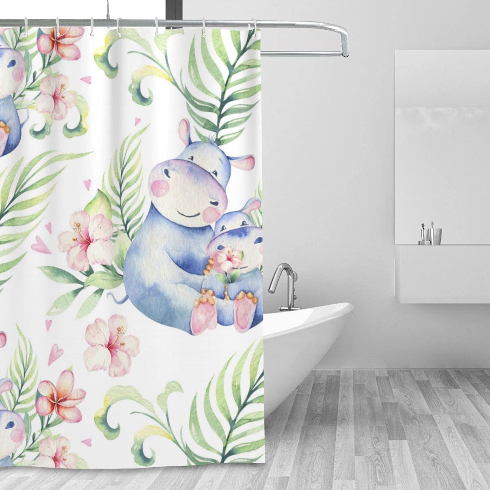 PanaRL Watercolor Hippopotamus Shower Curtains For Bathroom Decor Waterproof Polyester Fabric Bath Curtains 183 X 183 cm