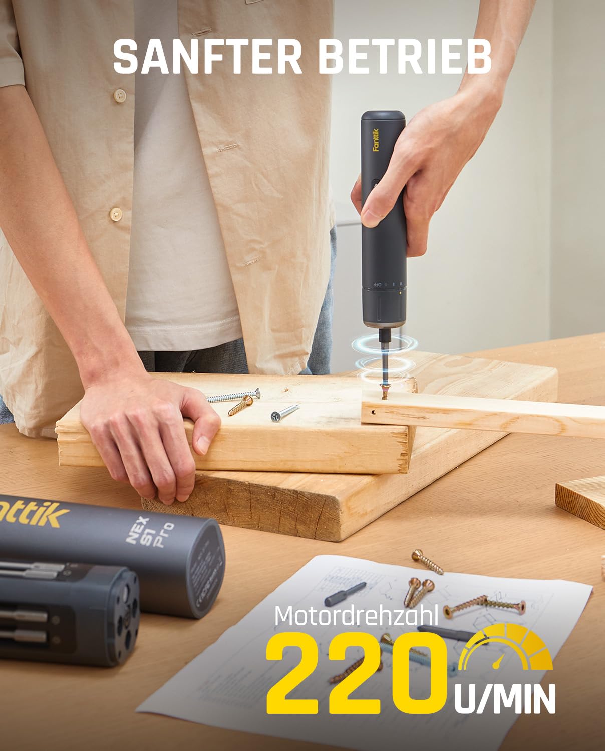 Fanttik S1 Pro 3.7V Magnetische Electric Screwdriver, Leistungsstarkes-Schraubendreher-Set mit 16 Bits, Einstellbare 3 Drehmomente bis zu 6 Nm, 2000-mAh-Akku, Geeignet für die Möbel/Computerreparatur