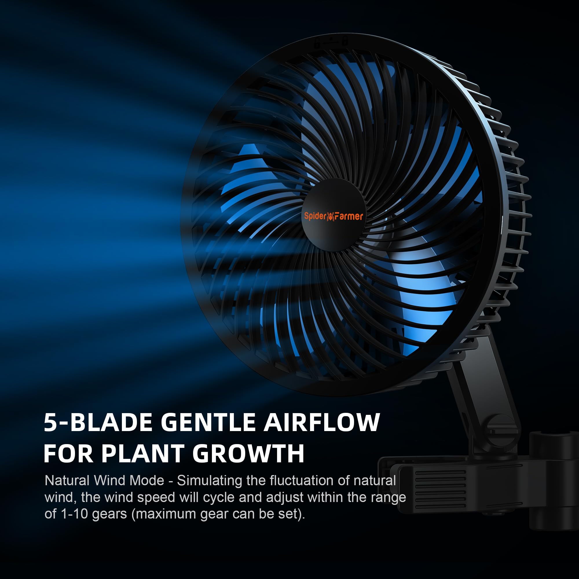 Spider Farmer Grow Ventilator mit Clip, 10-Stufen-Regelung per Knopf oder GGS Smart App (App-Steuerung nur mit GGS-Set), EC-Motor, Oszillierend, IP54, Timer – Leiser 8W Lüfter für Growbox/Zelt
