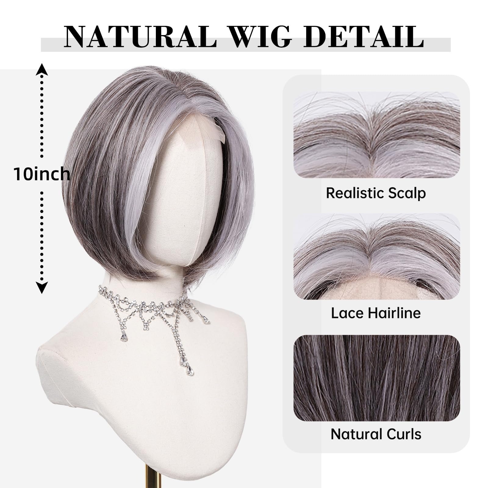 testar Graue Perücken Für Damen Kurzer Graue Bob Perücken Mit Blonden Strähnchen 12 Zoll Natürlicher Spitzenhaaransatz Silberne Perücken Hitzebeständige Perücke Für Mädchen Cosplay (Grau)