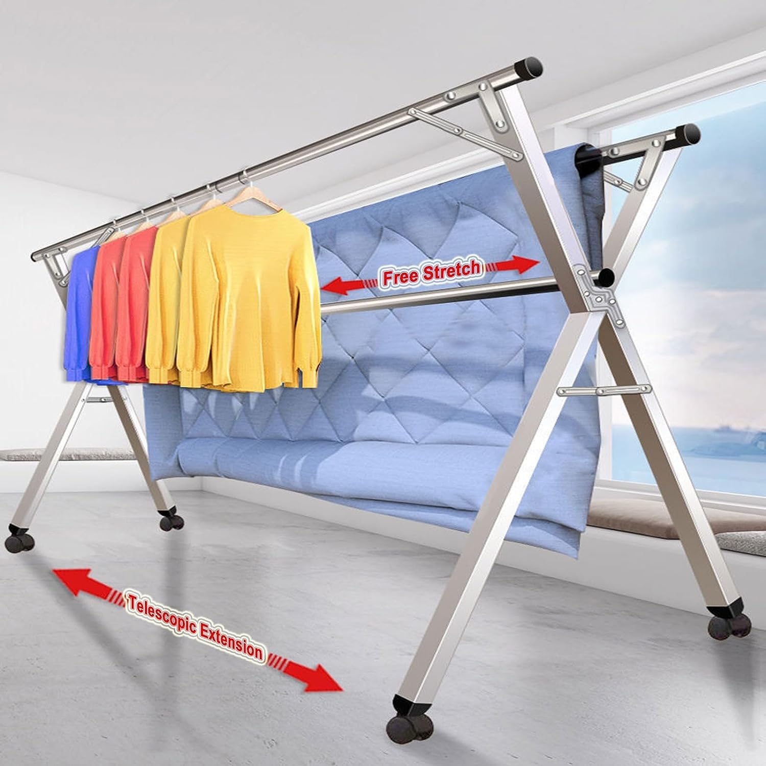 Stendibiancheria Pavmento Stendibiancheria Retrattile in Acciaio Inossidabile per Impieghi Gravosi Regolabile in Lunghezza Pieghevole Interno Esterno(94inch)