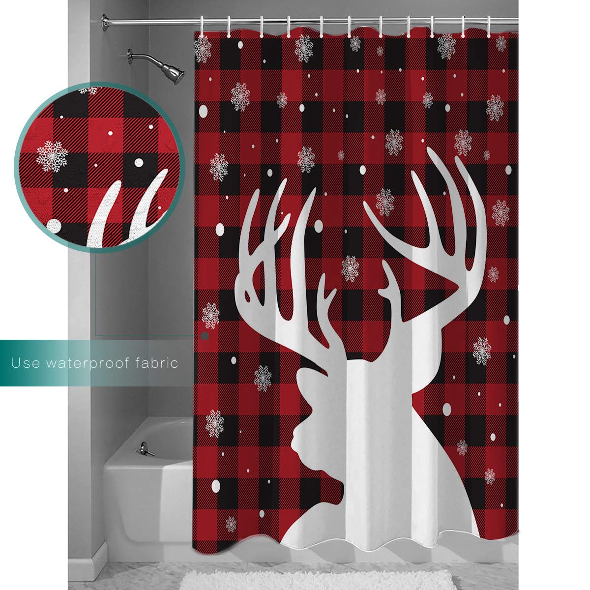 Merry Christmas Shower Curtain - Reindeer Snowflake Buffalo Plaid Design, Waterproof, 72x72 Inches With Hooks - View #10