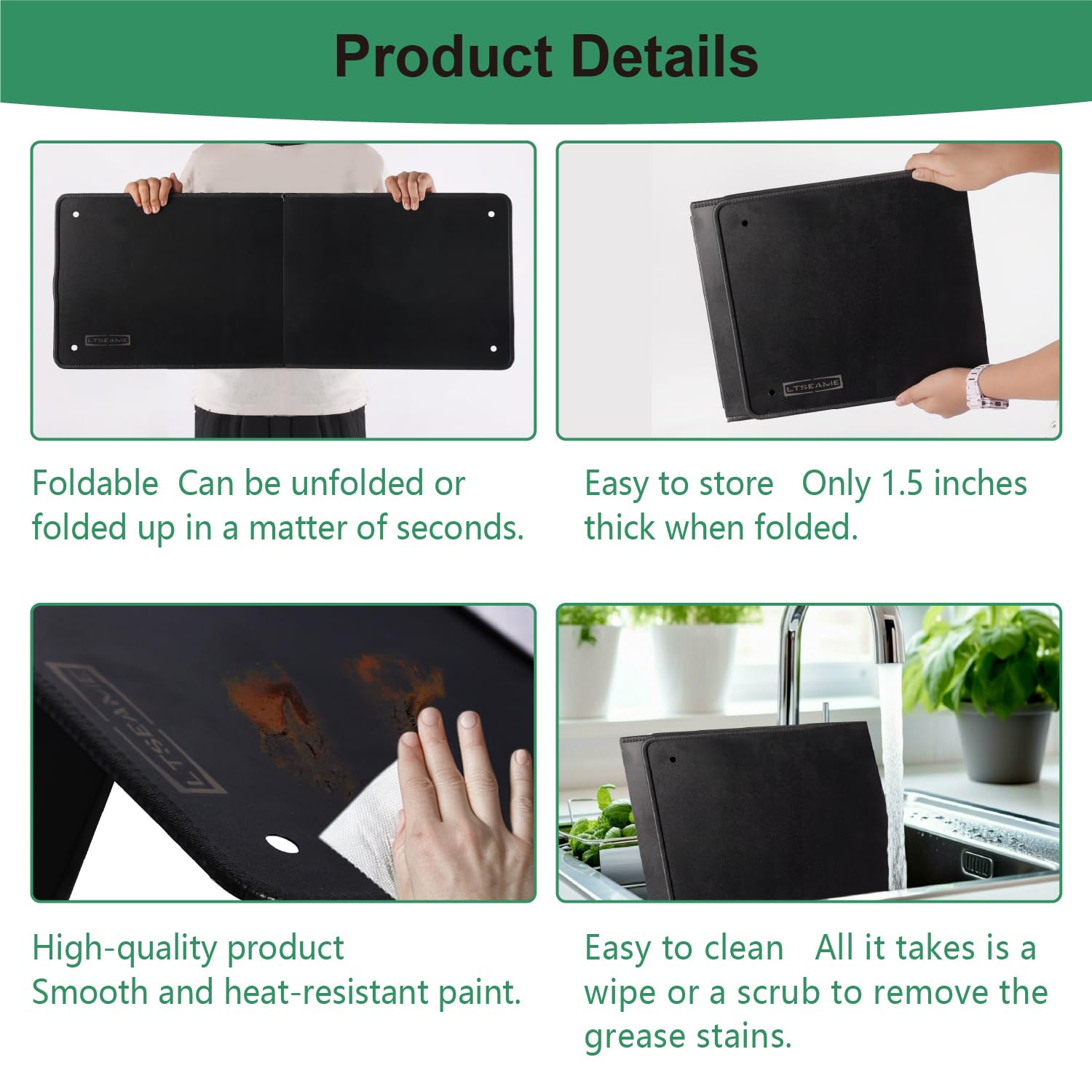 Protection anti-éclaboussures pliable | Écran anti-éclaboussures d'huile extra haut de 40 cm pour cuisinière (noir, 4 côtés)