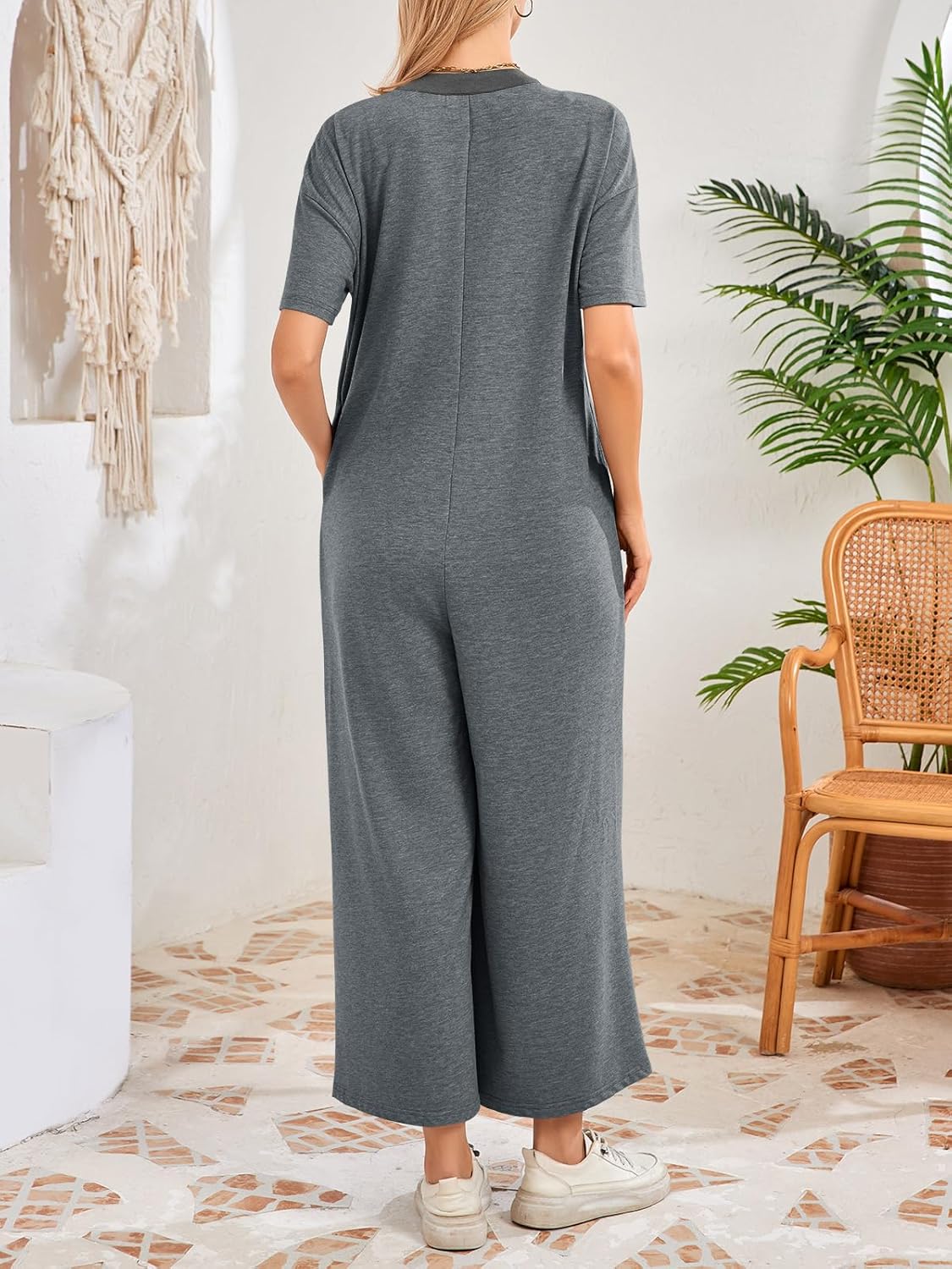 Fisoew Womens Casual Loose Jumpsuits Short Sleeve V-Neck Button Down One Piece Outfits Wide Leg Summer Long Pant Rompers - Image 3