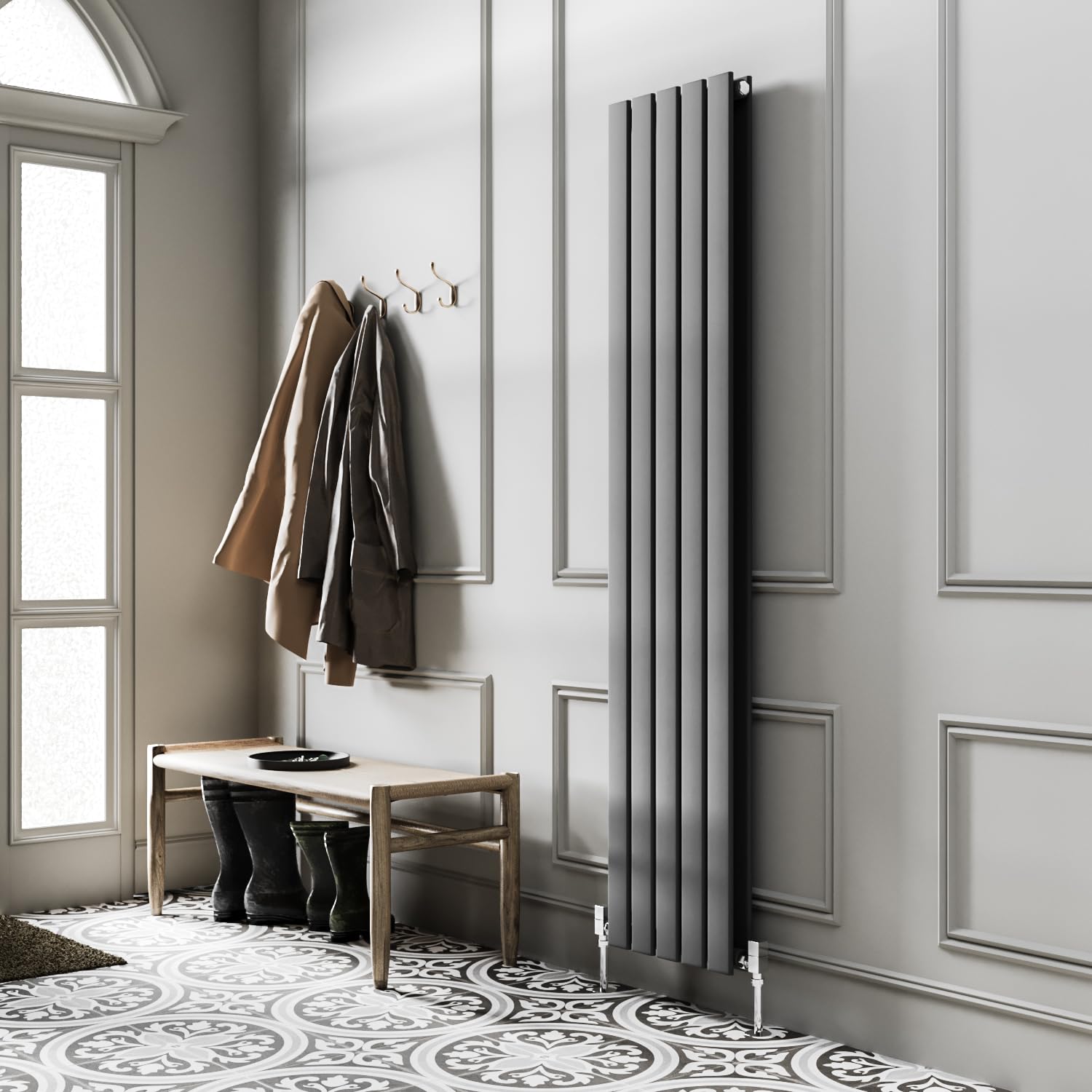 Go Bathrooms Pinta 1600 x 340mm Vertical Radiator Anthracite Flat Panel Double Column Tall Upright Radiator Anthracite Grey Wall Mounted Central Heating Includes Mounting Brackets — image 1