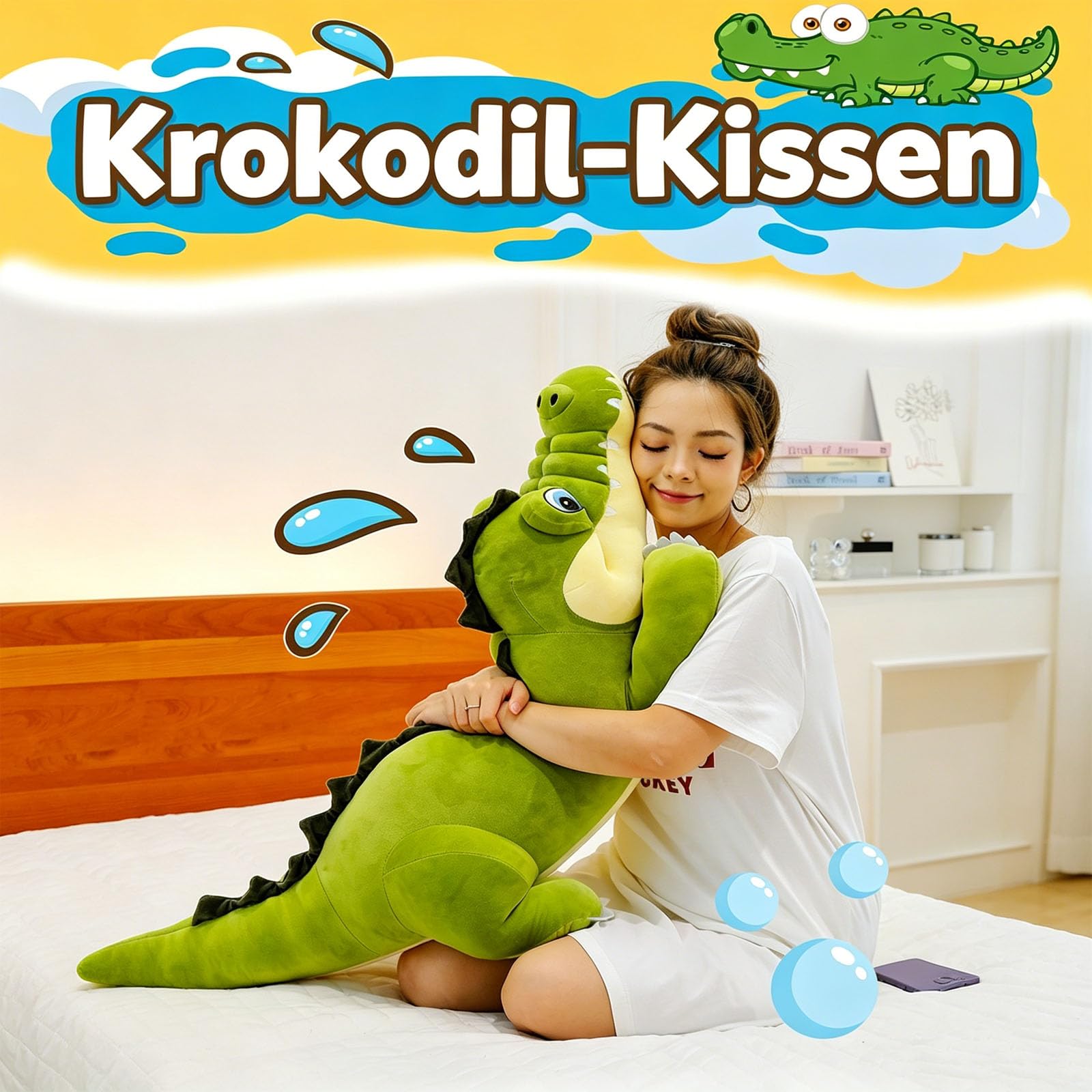 Krokodil Kuscheltier XXL, Plüschtiere Krokodil, Groß Grün Krokodil Stofftier, Riesen Krokodilkissen Plüsch Spielzeug, Lustige Alligatoren-Plüschtiere Geschenk für Kinder Jungen Mädchen (105cm)