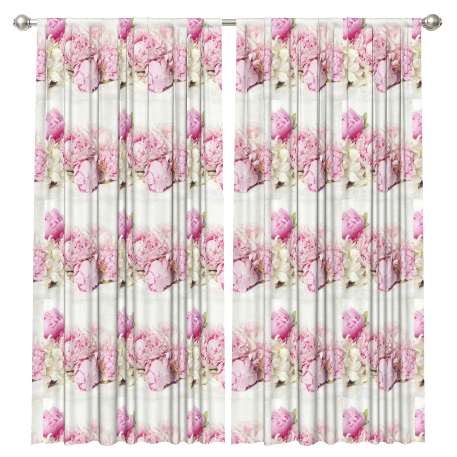 InOmak Peonies On White, 2 Panels Window Curtains 52 x 84 Inch Blackout Curtains for Living Room Bedroom