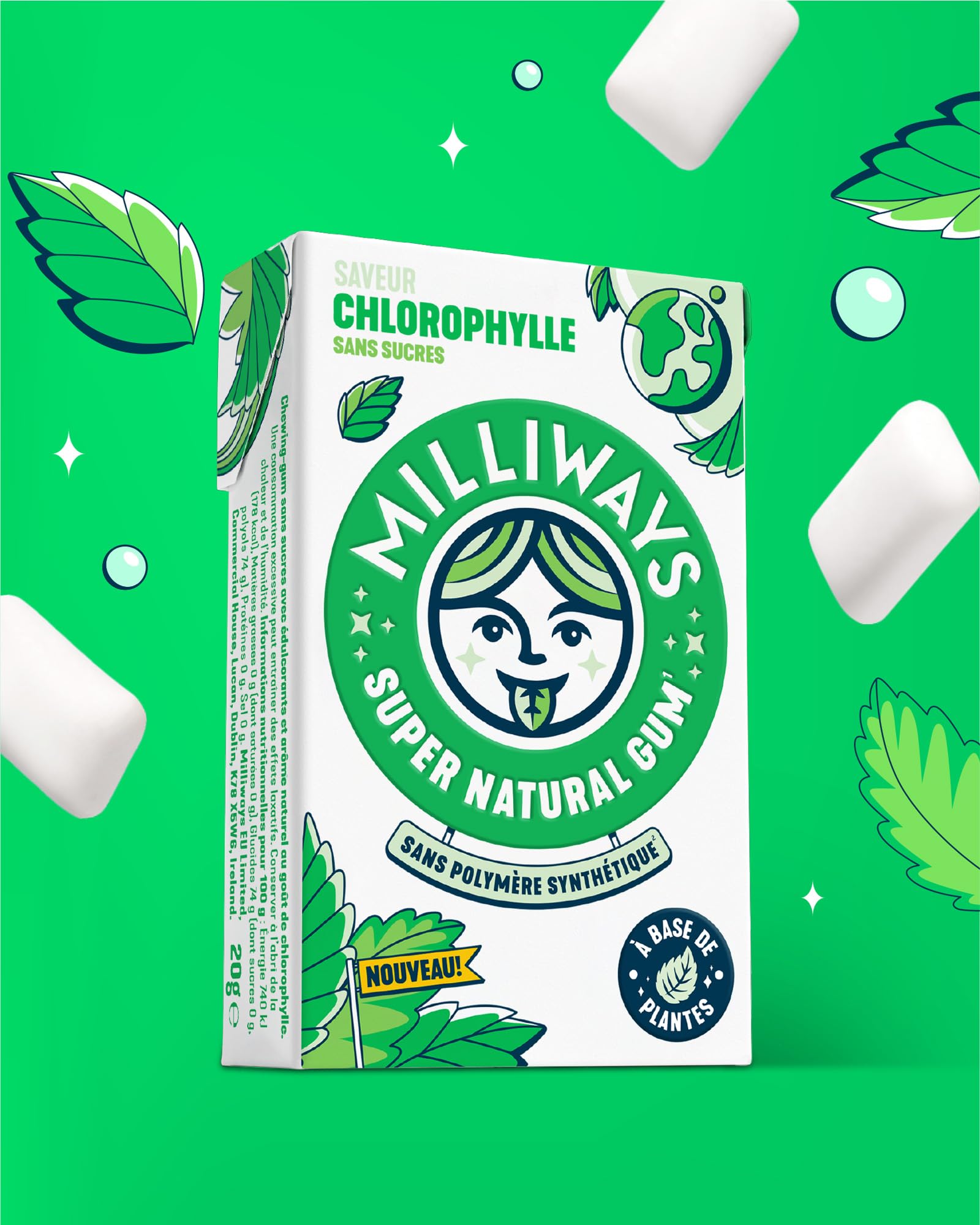 MILLIWAYS Chewing Gum sans Sucres à la Chlorophylle 12 Boîtes de 10 Dragées 20g Xylitol