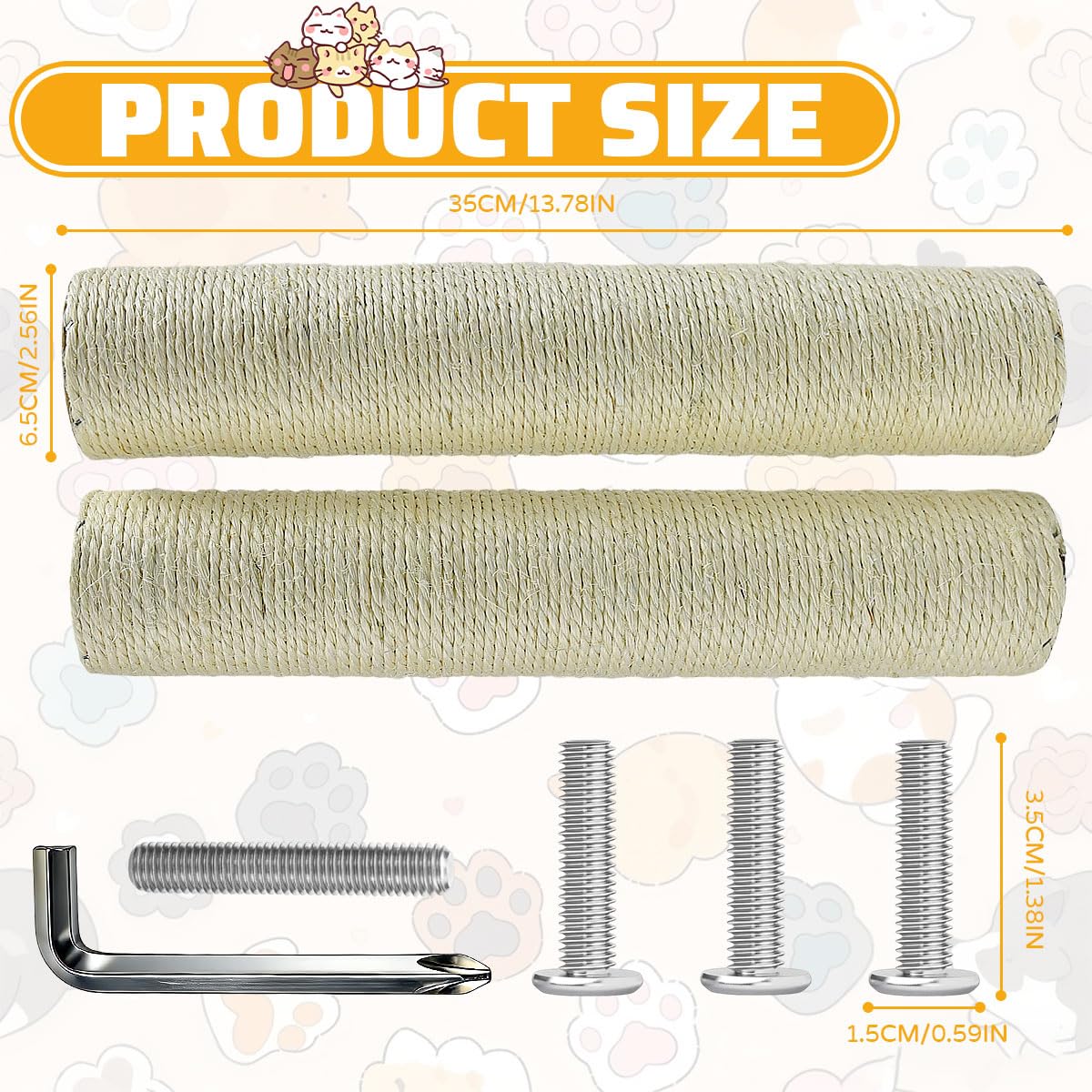 2 Pcs Poteau de Rechange Arbre à Chat 35 x 6.5 cm avec Vis M8, Tronc de Rechange Griffoir Chat, Poteau à Griffer de Remplacement avec Corde en Sisal, pour Rénovation Colonne à Griffer d'Animau