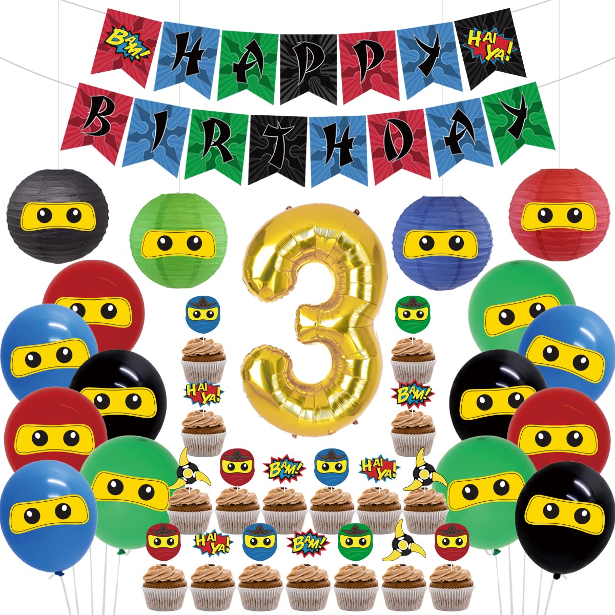Photo 1 of 3rd Birthday Party Supplies Decorations - Happy Birthday Banner 24 Cupcake Toppers Balloons Stickers for Boys Warrior Themed Birthday