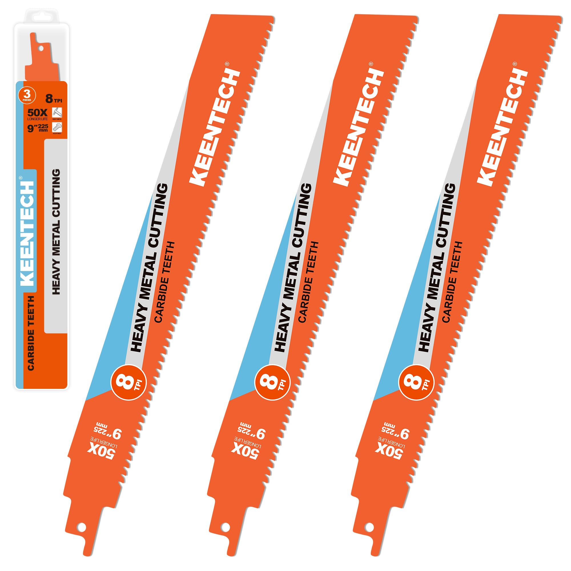 KEENTECH Cuchillas Sawzall de carburo para corte de metales duros y pesados, 9 pulgadas, 8 TPI, hoja de sierra alternante resistente con alta velocidad de corte para metal grueso, hierro fundido,