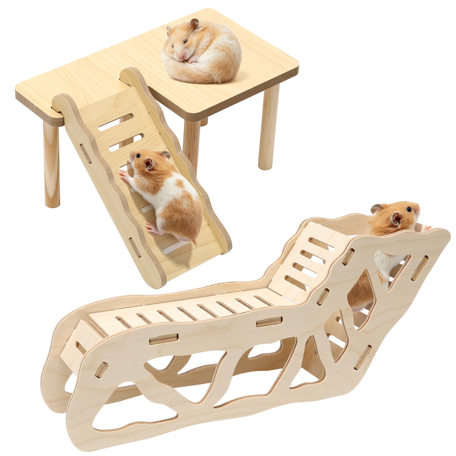 Plateforme en Bois pour Hamster avec Échelle d'escalade et Tunnel, Set Plateforme pour Petit Animal de Compagnie, Hamster Russe Doré Syrien Nain, Jouet à Mâcher Accessoire Cage